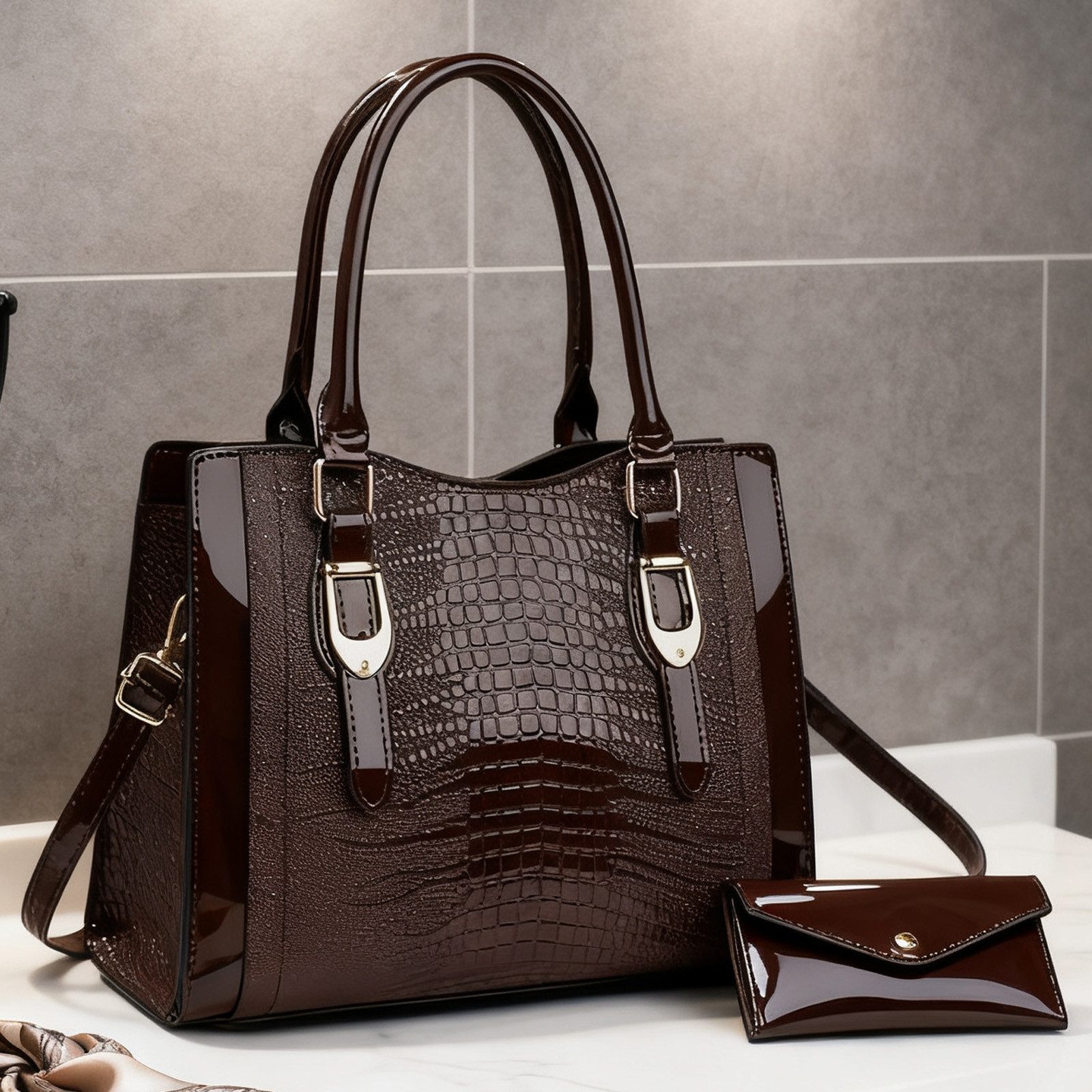 OKWISH Henkeltasche Schultertasche Tragetasche Handtasche Umhängetasche (2-in-1-Set aus Handtasche und Geldbörse, 2-tlg., mit Fächern für Handy Schlüssel und Kosmetik), stilvollem Design für Alltag Reisen und besondere Anlässe