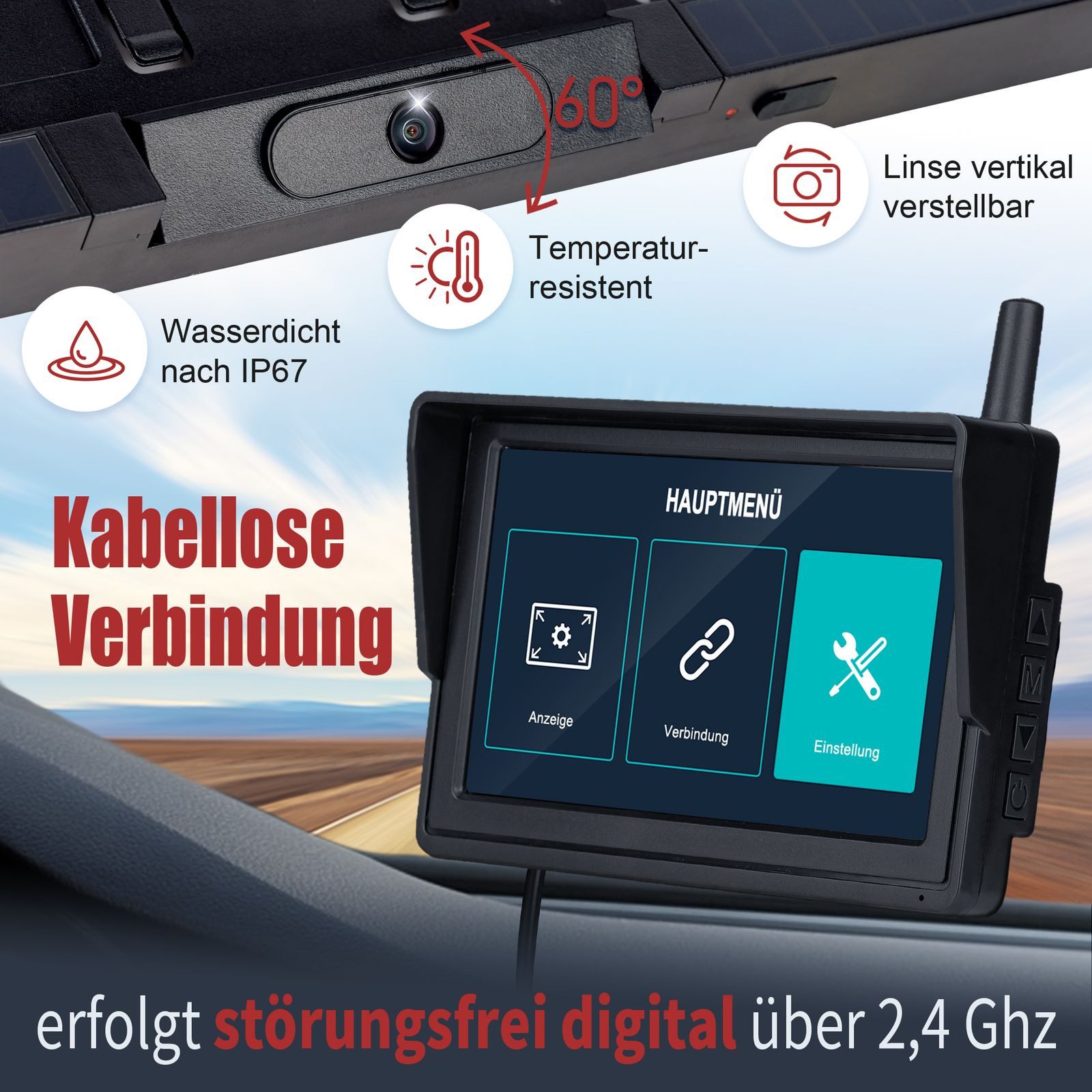 CARMATRIX Premium Solar 2 DUO Rückfahrkamera (Auto Funk Video Solar Rückfahrsystem Nummernschild Kennzeichenhalter, PDC Einparkhilfe, HD Rückfahrkamera zum Nachrüsten, Vorne und Hinten)