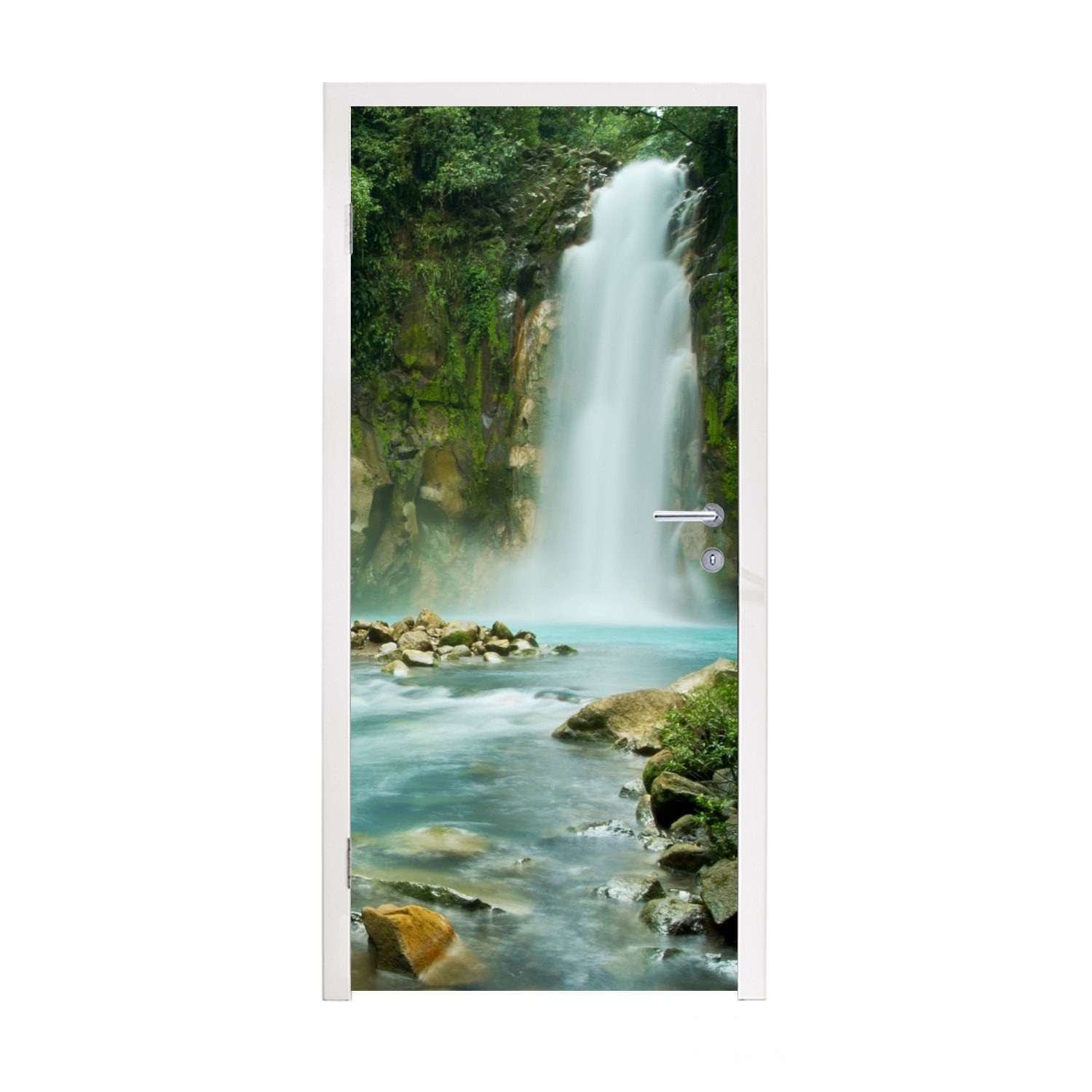 MuchoWow Türtapete Dschungel - Natur - Wasserfall, Matt, bedruckt, (1 St), Selbstklebende Tapete, Folie für Möbel, 75x205 cm