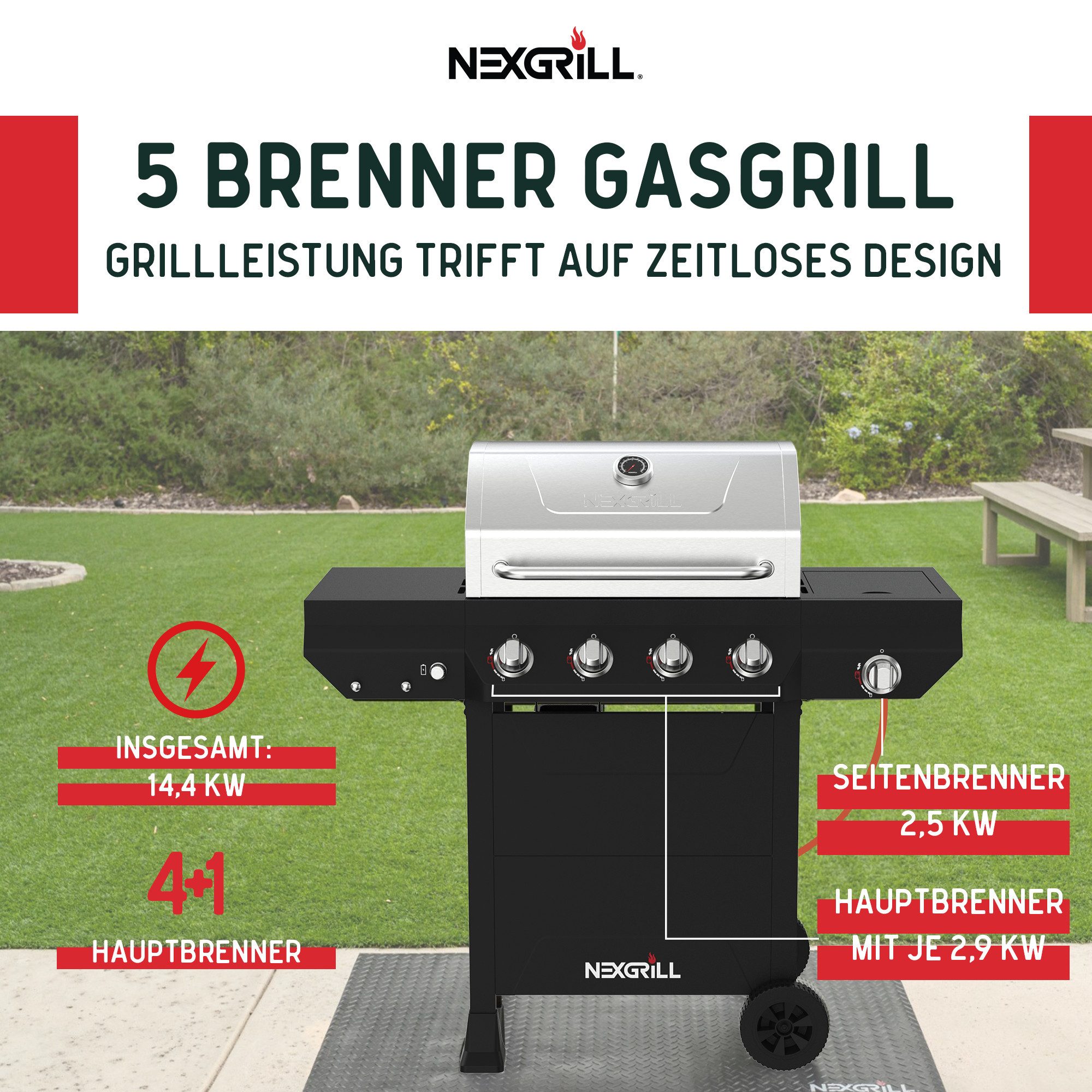 nexgrill Gasgrill Classic 4B 4+1 Brenner, Grillwagen 14,4 kW, mit Seitenkochfeld 2,5 kW, BxTxH: 124 x 118 x 61 cm