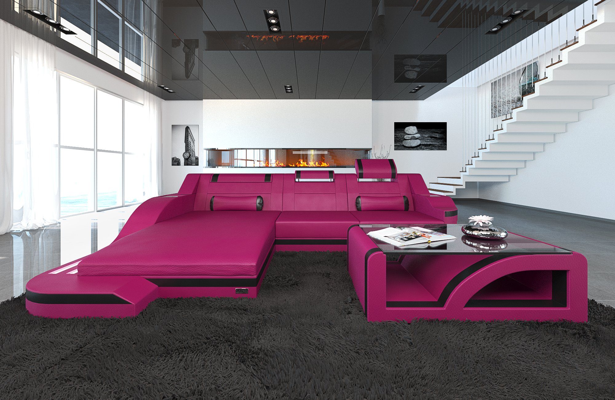 Sofa Dreams Palermo mit L Couch, Form Bettfunktion Sofa wahlweise Schlafsofa, Designersofa Ecksofa Ledersofa mit LED, Leder als Leder