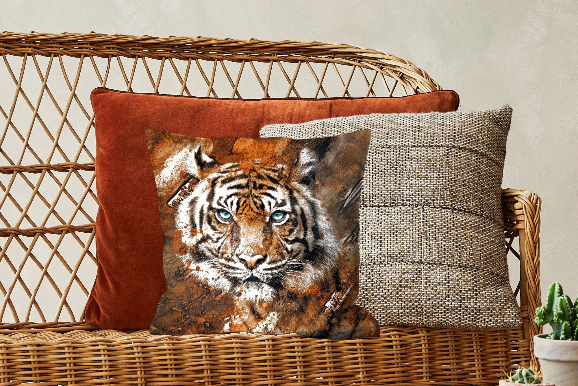 Deko, - Schlafzimmer, Malerei - mit Wohzimmer, Braun, für Sofakissen Dekokissen Tiger Füllung MuchoWow Zierkissen