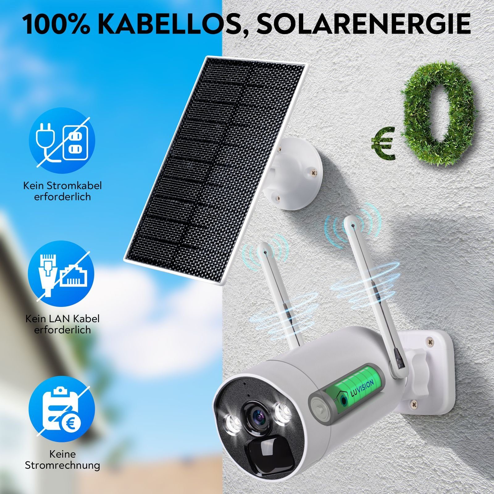 LUVISION Überwachungskamera (Außen- und Innenbereich, 4-tlg., WLAN Solar Akku Überwachungssystem 4 Kanal Funk Kamera Set Mikrofon, Cloud, 2-Wege Audio, 10CH NVR, Solarpanel, Batterie, PC Client & App)