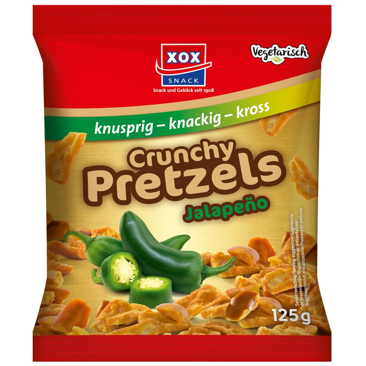 XOX Knabberei, XOX Pretzels Jalapeno wuerzig knusprig mit leichter Schaerfe 125g