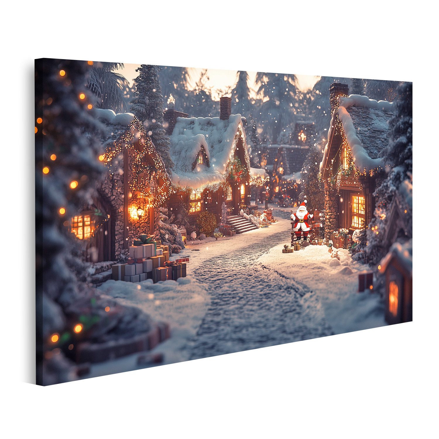 islandburner Leinwandbild Weihnachtsdorf bei Nacht mit beleuchteten Häusern günstig online kaufen