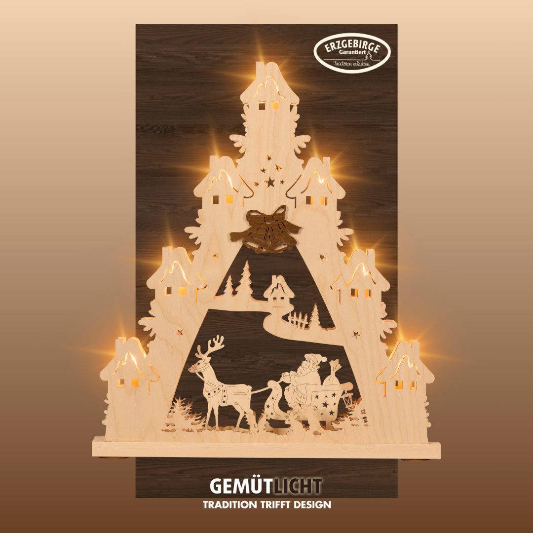 Weigla Schwibbogen Weihnachtsmann auf Schlitten, Lichterspitze aus Holz NATUR-BRAUN, (1-tlg), Erzgebirge garantiert, Weihnachtsdeko Innen, Weihnachtsbeleuchtung