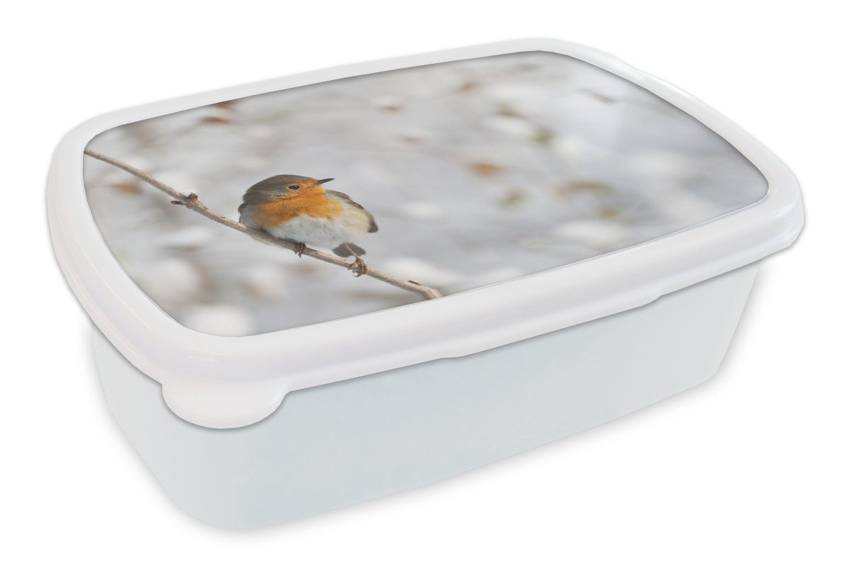 [Inländisches reguläres Produkt] MuchoWow Lunchbox weiß Brotdose, Erwachsene, Mädchen Rotkehlchen - Brotbox und Kinder für für Vogel Kunststoff, und - Jungs Winter, (2-tlg)