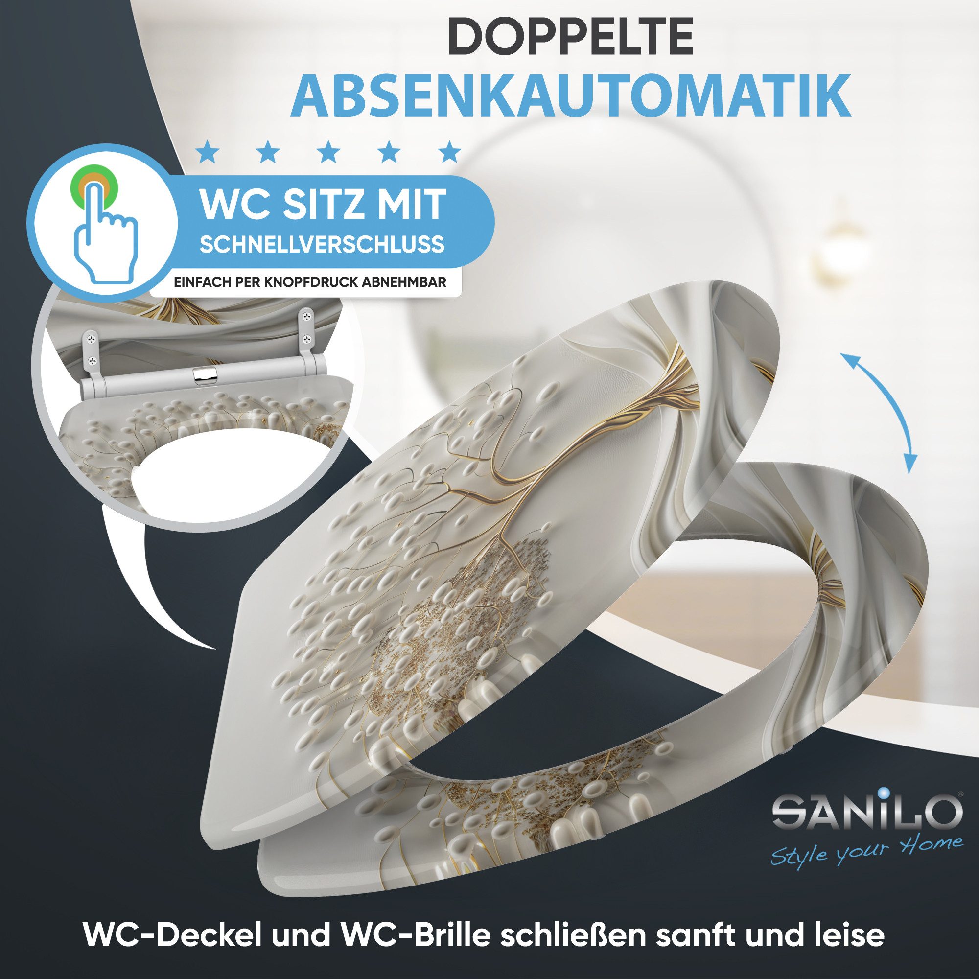 Sanilo WC-Sitz Tree of Life mit Absenkautomatik & Quick Release, hochwertig, abnehmbar, leichte Montage von oben, mit Schraubenzieher