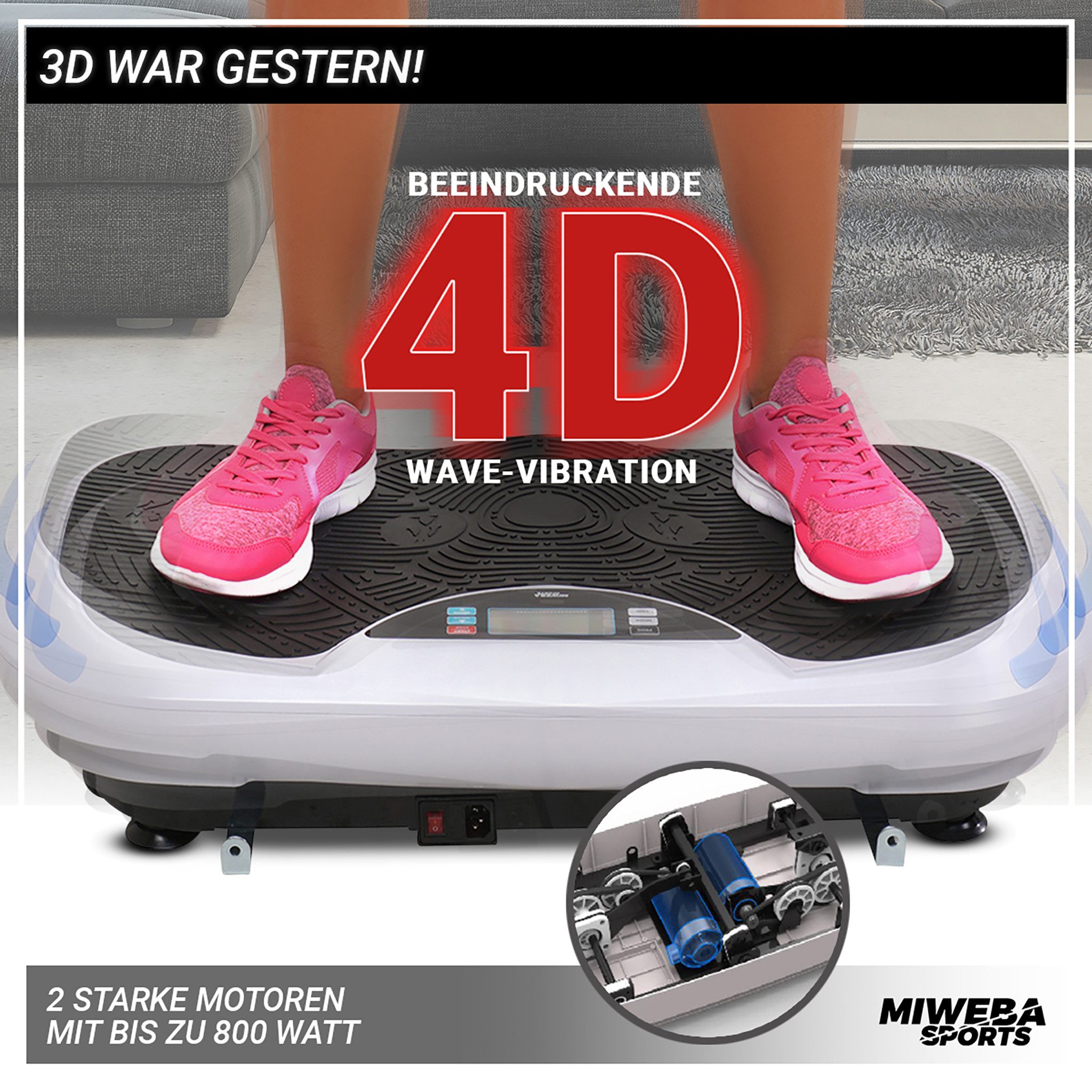 Miweba Sports Vibrationsplatte Profi Vibrationsboard MV300 Fernbedienung - 4D-Vibration, 800 W, 16 Intensitätsstufen, (LED-Display, 120 kg max. Benutzergewicht, 4D-Wave-Vibration, 3 vordefinierte Trainingsprogramme, drei Vibrationszonen, Bluetooth, 2 Motoren, Power Ropes, extra große Trittfläche, Transportrollen, Transportgriff, LED Beleuchtung, 50 Hz, Ganzkörpertraining, Fettverbrennung, Trainingsgerät, Sportgeräte Fitnessgeräte für Zuhause, 3 tlg), 3 J. Garantie - Fitnessgerät Vibrationstrainer Sportgerät
