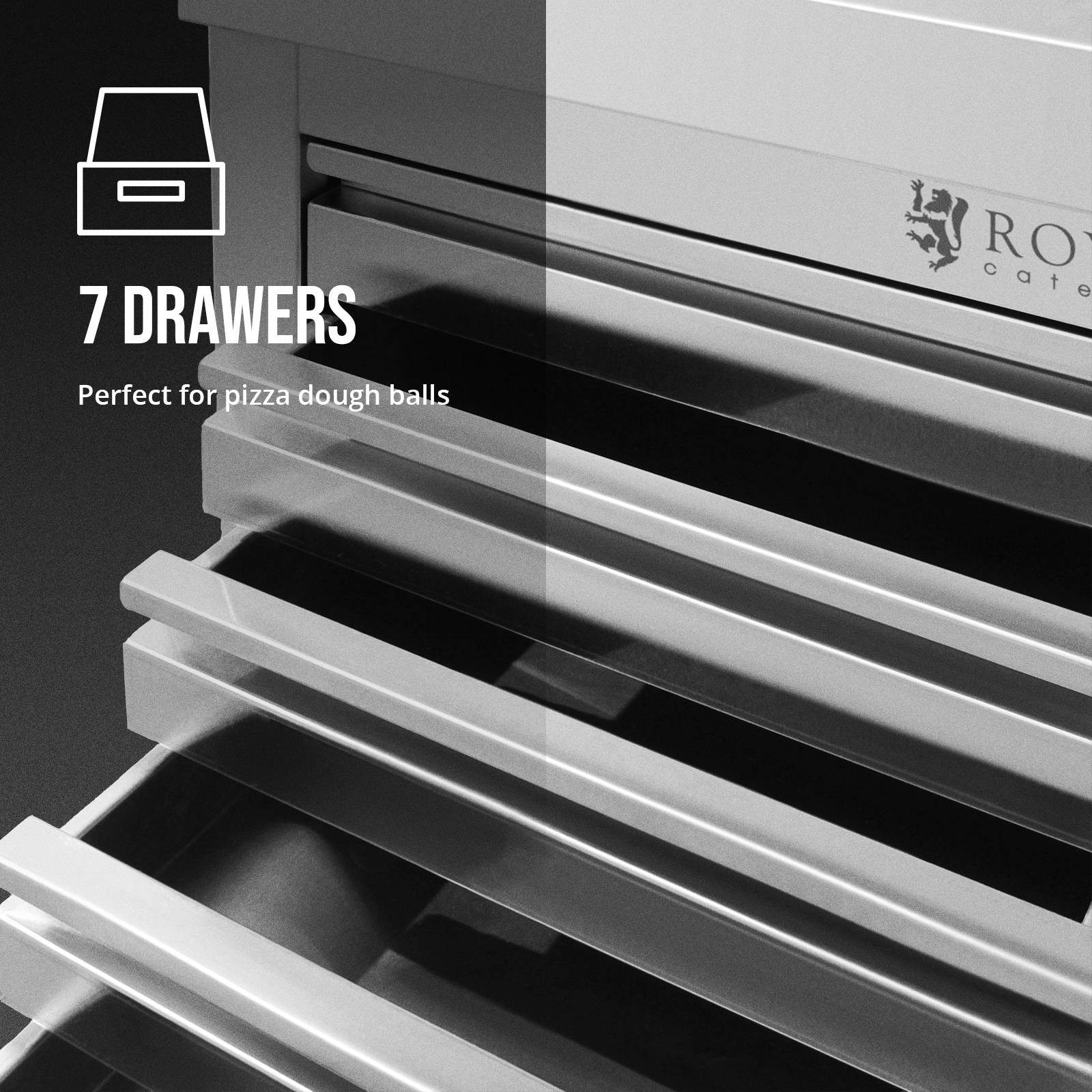 Royal Catering Vorratsschrank Edelstahl-Arbeitsschrank 50x 70 cm 7 Schubladen für Pizzaballen Gastro