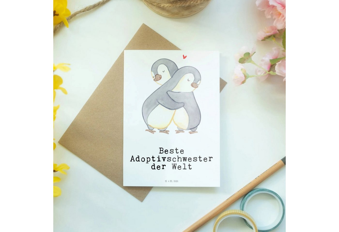 Thumbnail - Mr. & Mrs. Panda Grußkarte Pinguin Beste Adoptivschwester der Welt - Weiß - Geschenk, Dankeschön, Edler Umschlag