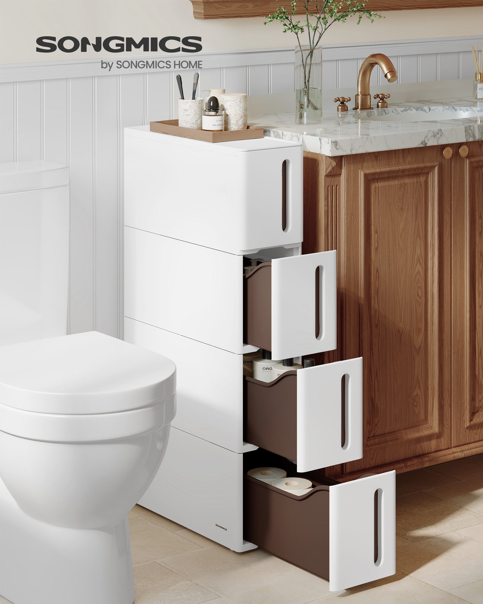 SONGMICS Beistellwagen Nischenregal mit Rollen, Rollwagen, 4 tiefe Schubladen, 17,3 cm breit, viel Stauraum