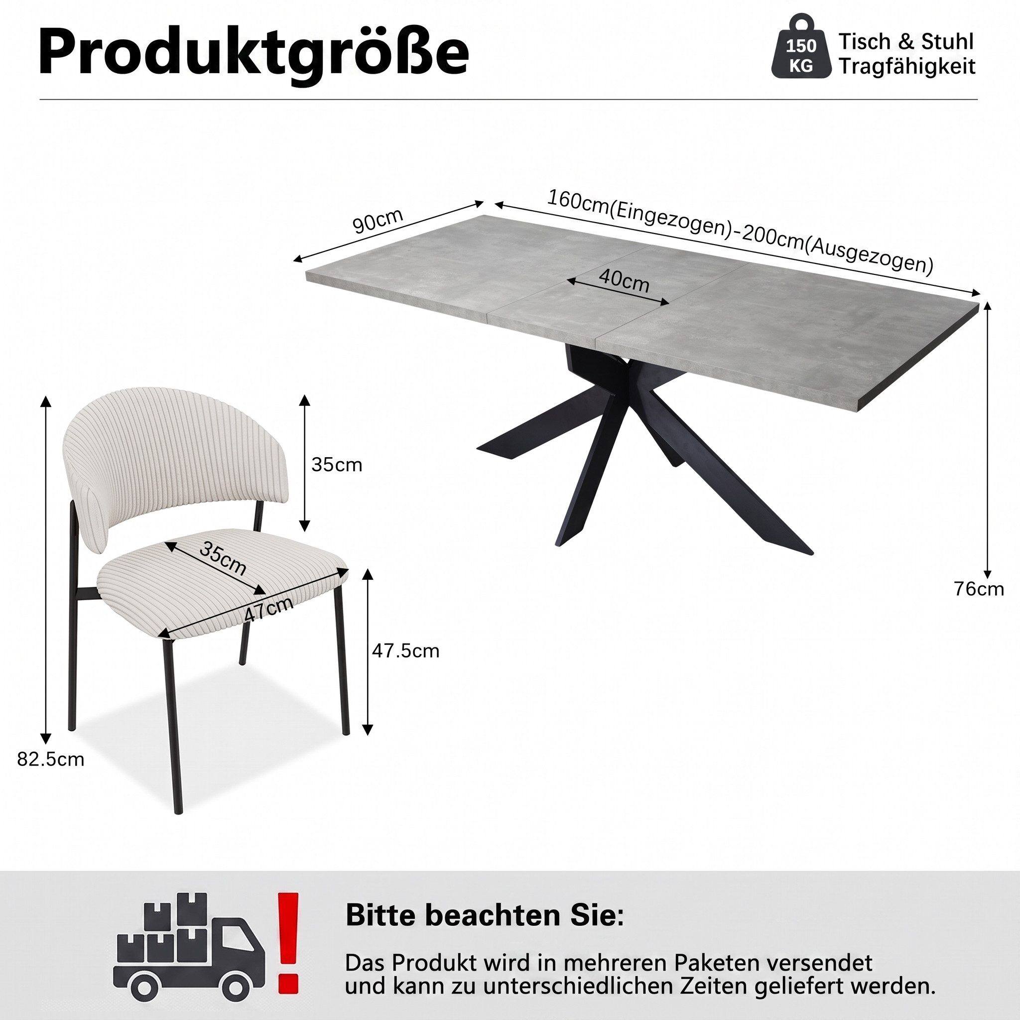 Jiexi Essgruppe Ausziehbarer Esstisch 160-200cm MDF Rhein Set Cord Stühle