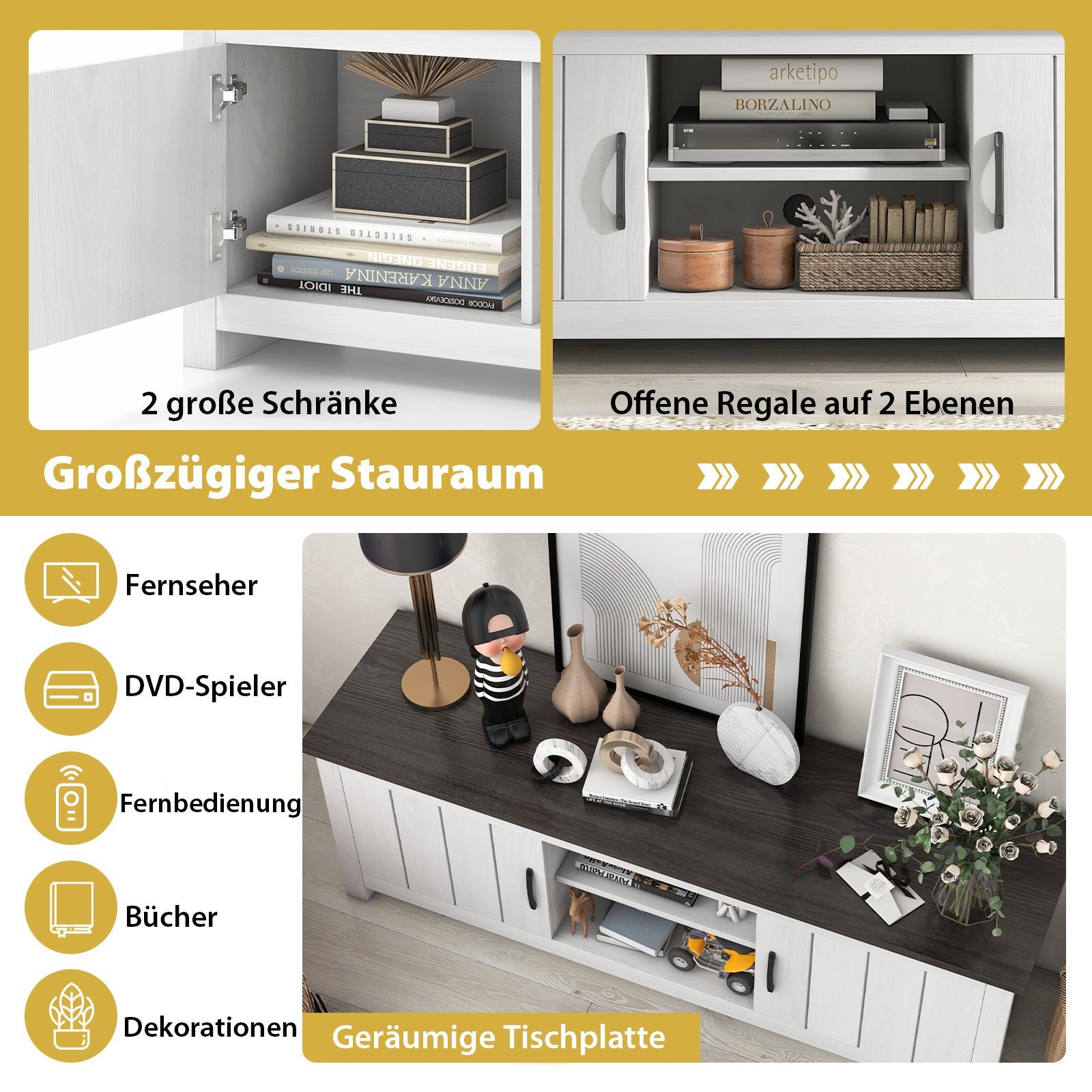 TV Schrank Holz 140cm Lang - Lowboard Stehend Mit 2 Staufächern & 2