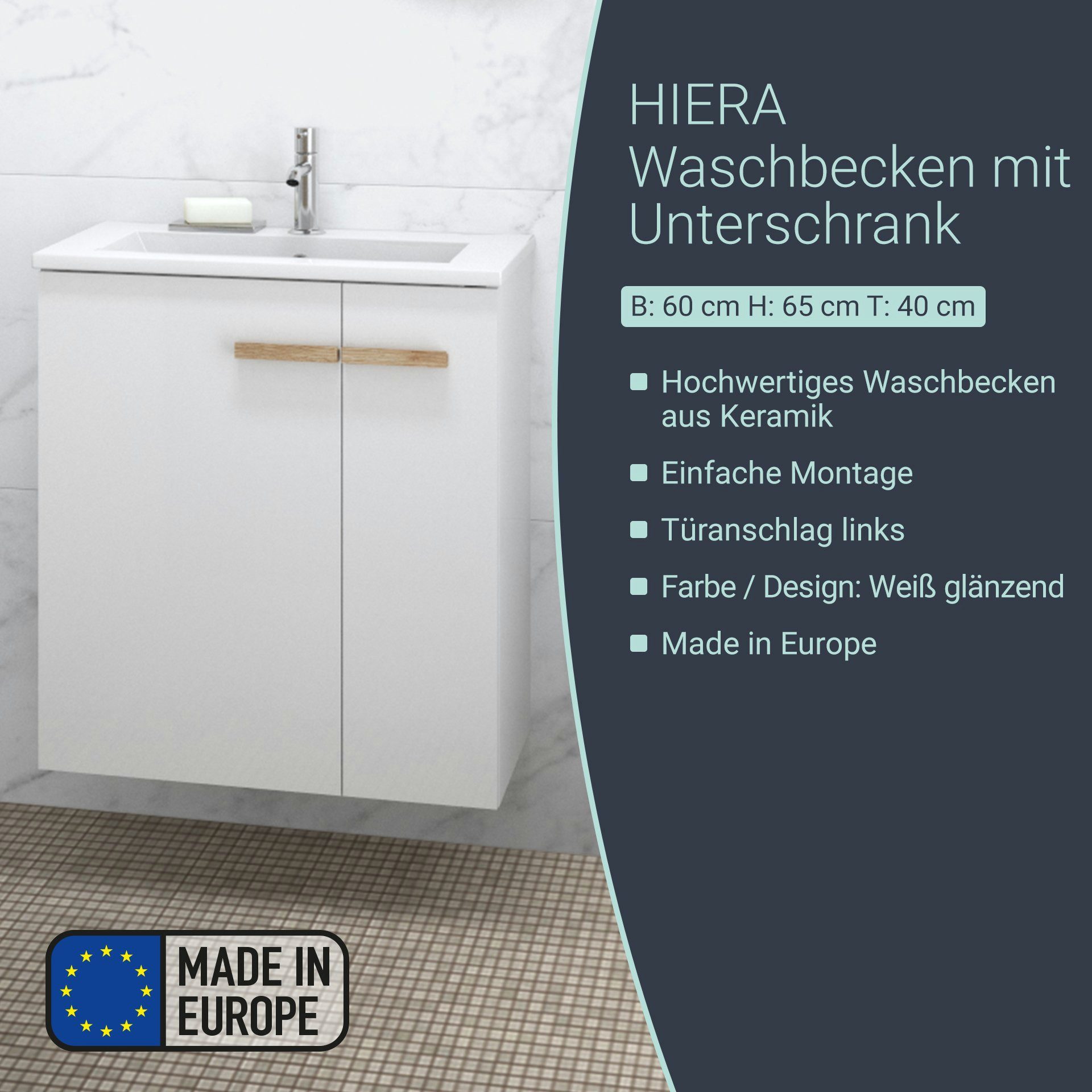 BADEDU Badmöbel-Set Waschbecken und Unterschrank, Keramik, Holzgriffe