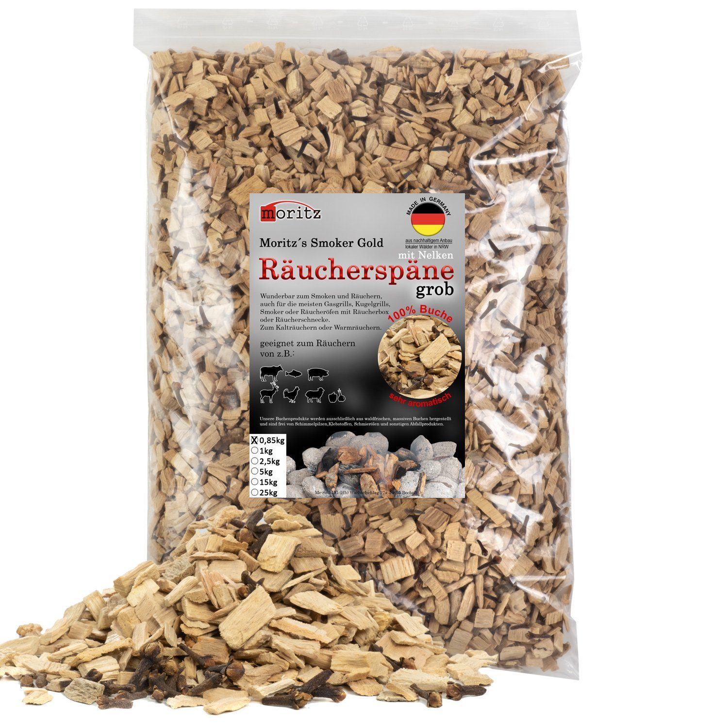 Moritz Räucherbox 0,85kg Räucherspäne Buche mit Nelke grob 6 -12 mm zum smoken, räuchern/kalträuchern von Fleisch, Fisch, Gemüse geeignet
