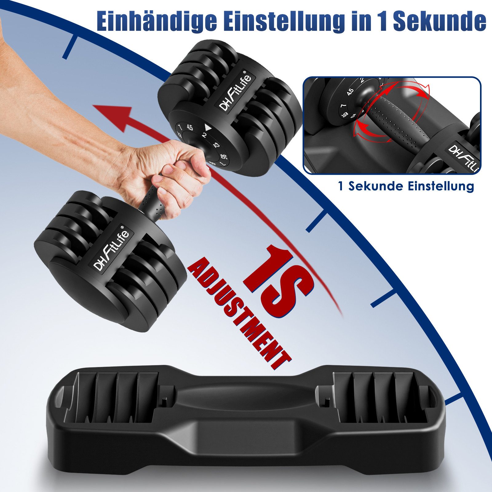 DH FitLife Hantel verstellbare Hanteln, (2 bis 12 KG mit 5 Gewichtsstufen, 2er Set), Kurzhantelset mit platzsparenden Hantelscheiben für Heimtraining
