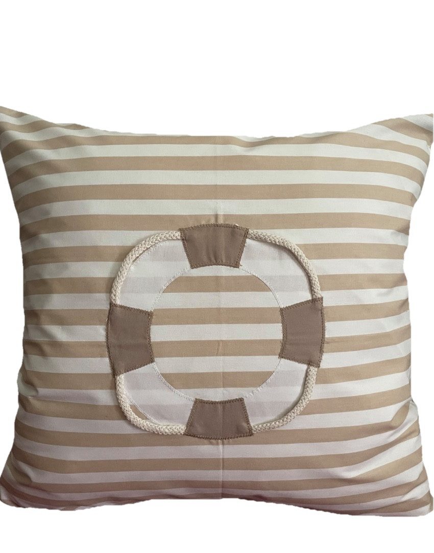 Ammerkind Dekokissen Maritime Kissenhülle, Kissenbezug, Rettungsring beige/weiß gestreift, 100% Handarbeit