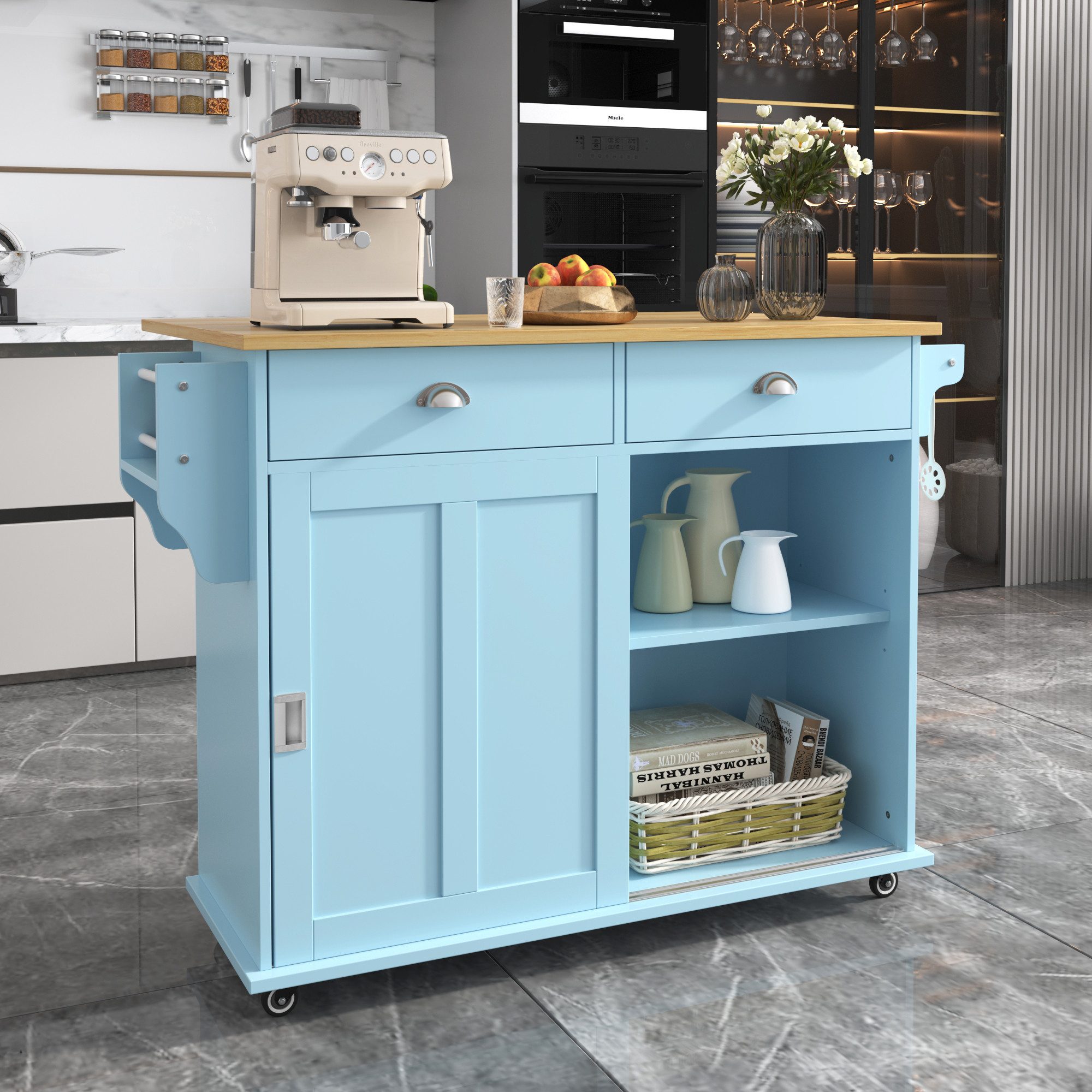 Flieks Küchenwagen Sideboard, (1 St., mit verstellbare Einlegeböden, Rollen/Holzfüße austauschbar), Kücheninsel mit ausziehbar Tischplatte Speisewagen Schubladenschrank
