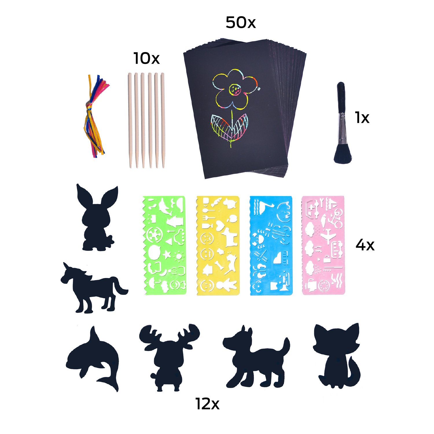 digitCUBE Kreativset Kratzbilder Bastelset, (50-tlg), mit verschiedenen Schablonen und Zubehör