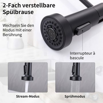 HOMELODY Spültischarmatur Wasserhahn Küche Schwarz mit Ausziehbar Brause Spiralfederarmatur