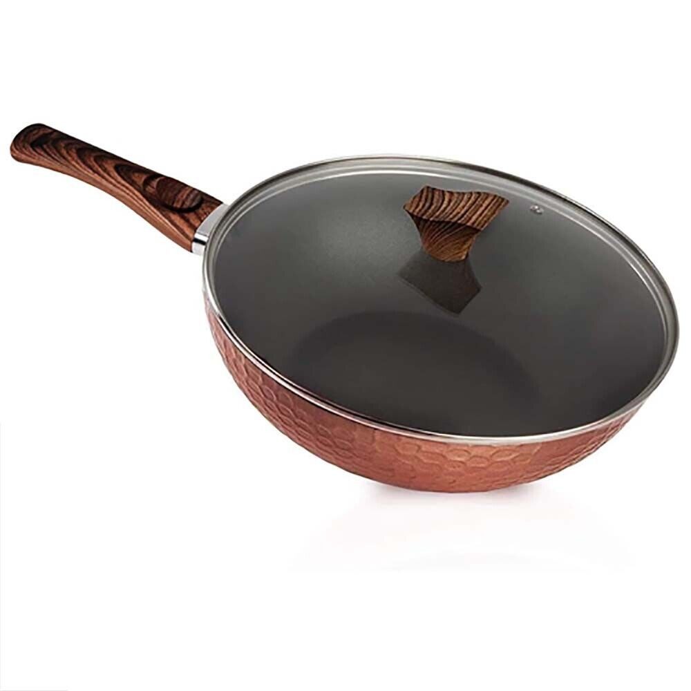 KVOTA Wok Pfanne abnehmbarer Holzoptik-Griff Deckel Ø32cm Antihaft Groß 4,7L, Aluminium, Außenseite mit temperaturbeständiger Beschichtung