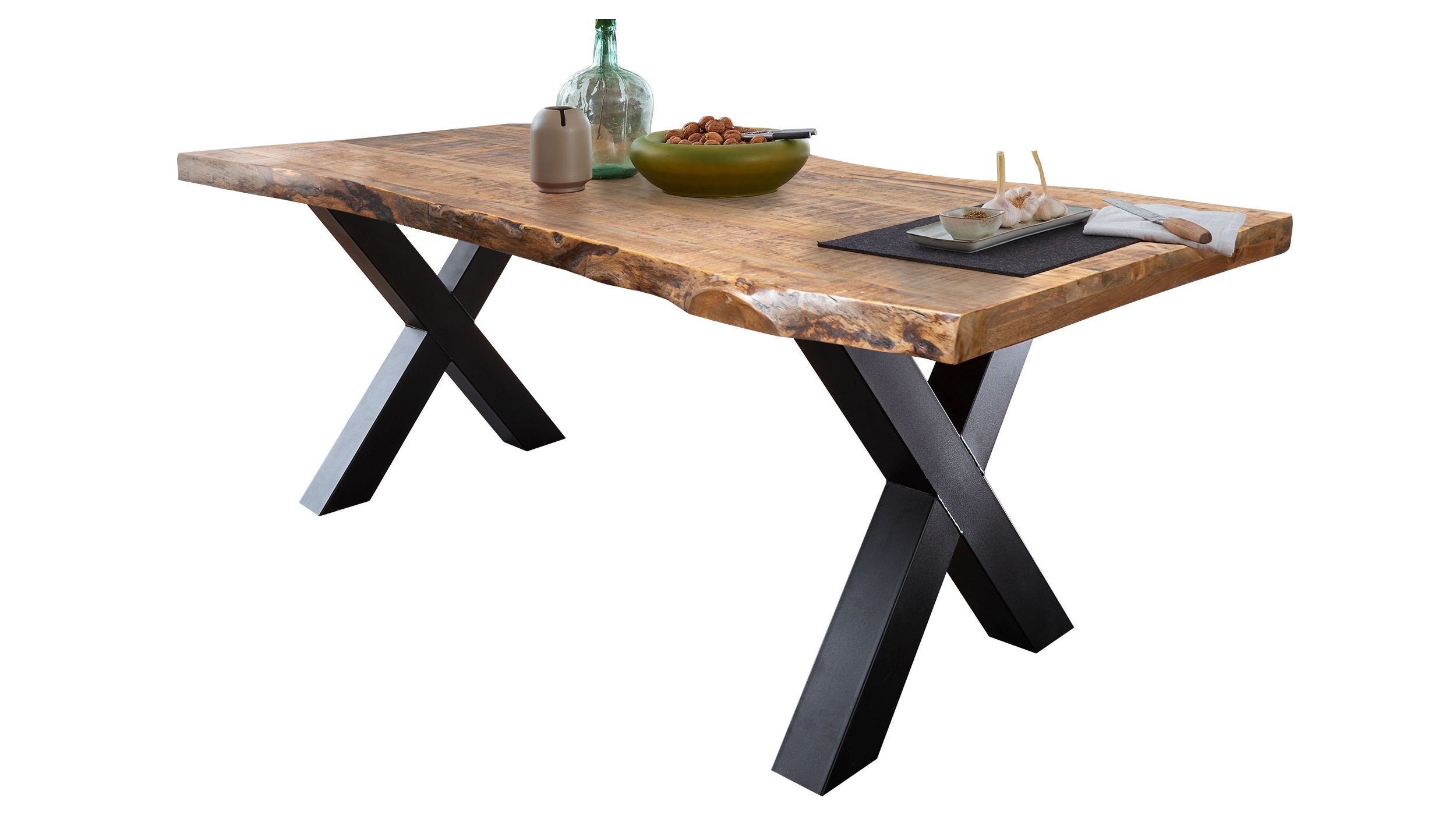 Massivart® Baumkantentisch TOMASO Standbeine / als mm schwarz Tischplatte, Massivholz Look 55 / X-Gestell Metall Industrial / / lackiert Mango