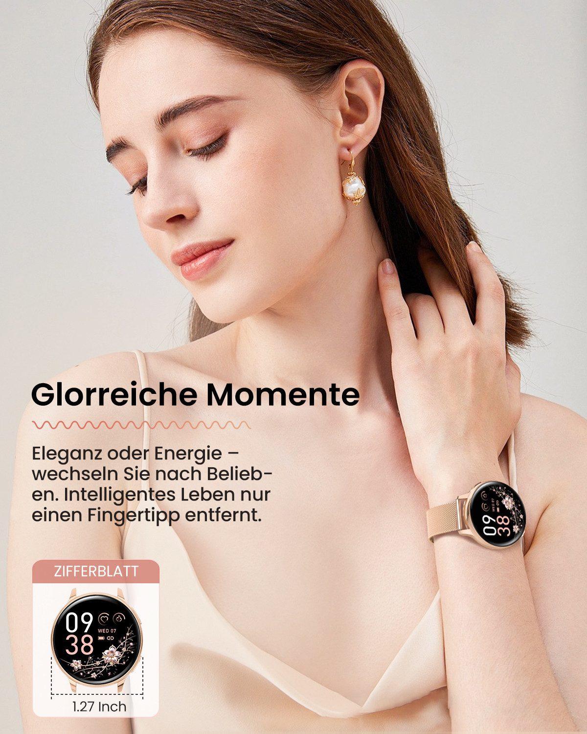 FOSMET 2026 Neue Smartwatch Damen,1.27" AMOLED,Bluetooth-Anruffunktion Smartwatch (3.23 cm) Pulsuhr,Schlafmonitor,SpO2, Fitnessuhr Damen, Sportuhr, Watch, IP68/mit Herzfrequenz/SpO2/Blutdruck/Schlafüberwachungsfunktion