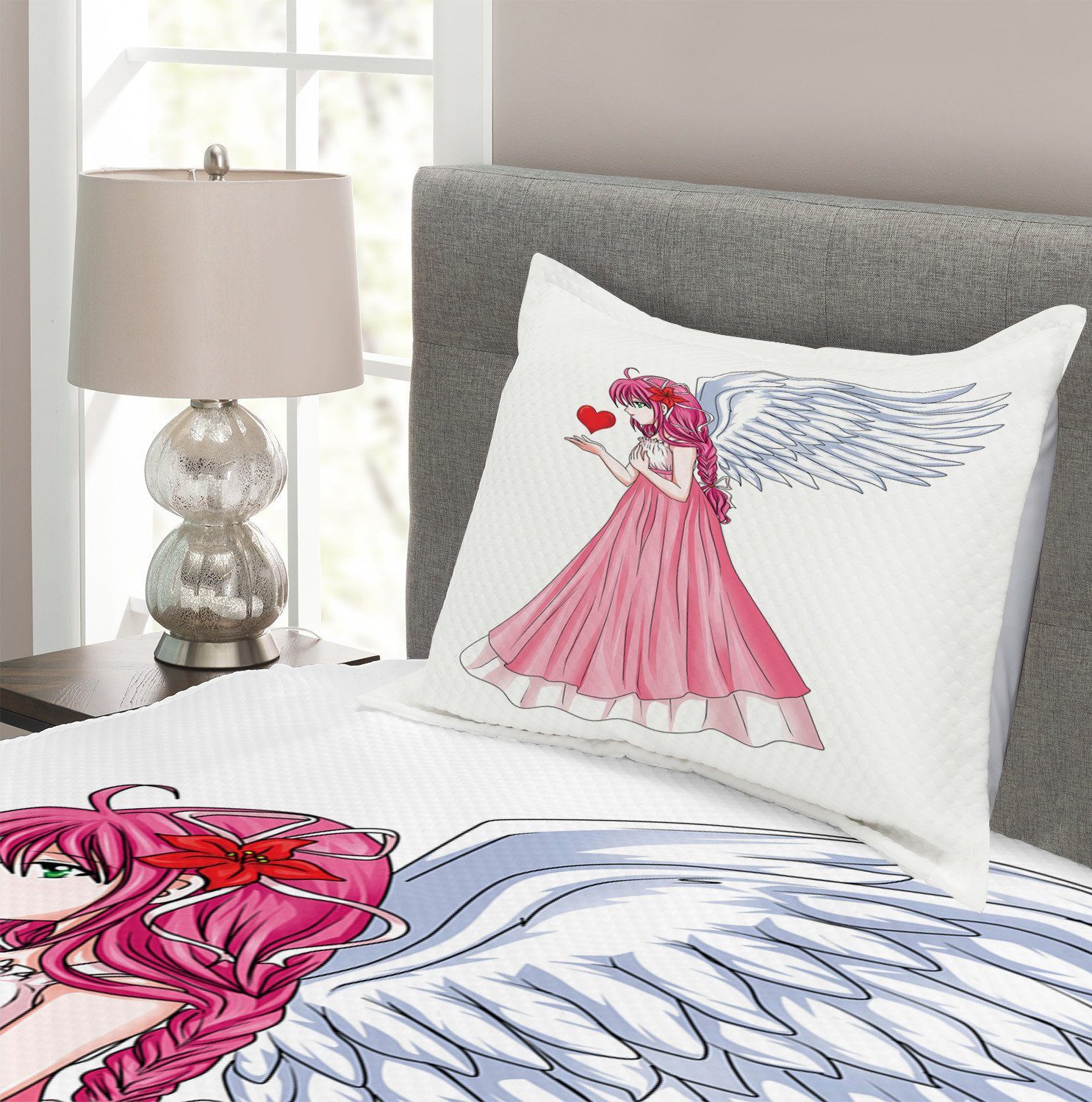 rotes Anime Tagesdecke Kissenbezügen Set Herz Abakuhaus, mit Engel, ein Waschbar, der
