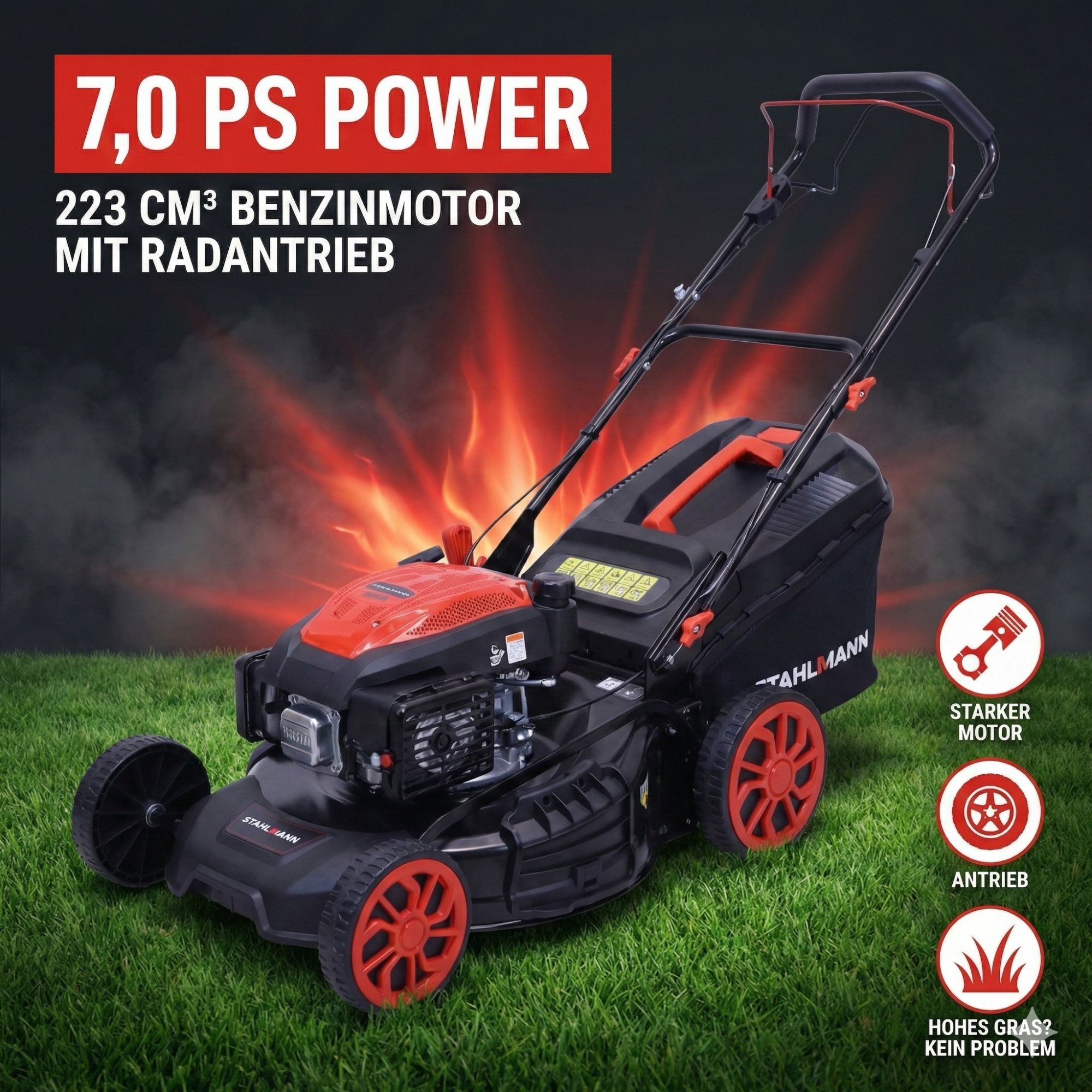 Stahlmann Benzinrasenmäher Rasenmäher Benzin mit Antrieb BR532 – 7,0PS (5,1kW) 224ccm mit Antrieb, 53 cm Schnittbreite, 53cm Schnittbreite, Mulchen, EasyClean, Große Räder, 60L Korb