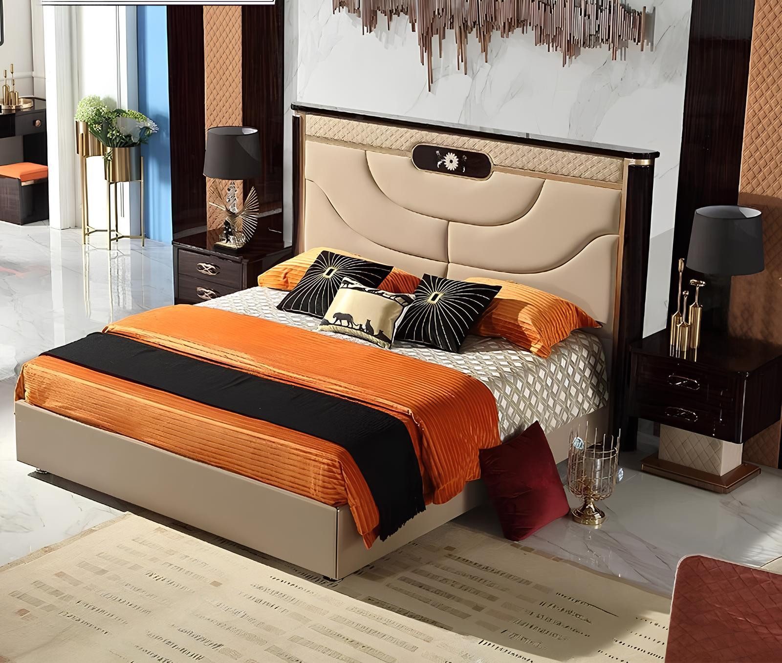 JVmoebel Lederbett Doppelbett mit Nachttischen und Lederkonsole in warmen Brauntönen, Made in Europa