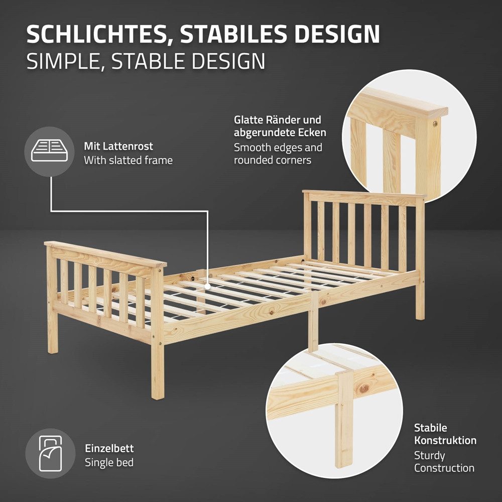 ML-DESIGN Bettgestell Holz Tagesbett, Jugend Einzelbett mit Kopf- & Fußteil, Holzbettgestell, Kinderbett, Bettrahmen Massivholz Bett Jugendbett Kiefer Natur