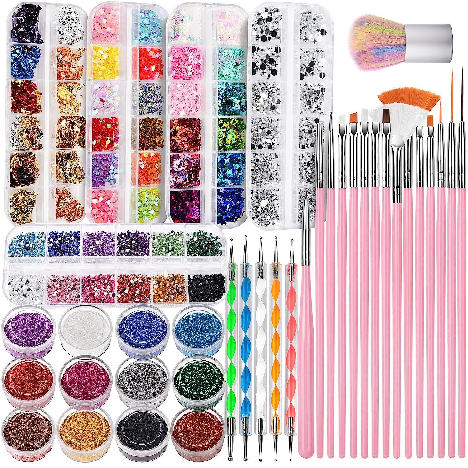 Refined Living Nageldesign Zubehör Nageldesign Zubehör Nail Art Dekoration Zubehör Set,Nagelpinsel Set, 38-tlg. Nagelpinsel Set,Maniküre-Werkzeuge, Nail Art Dekorationen & Nagelpinsel Set, Nail Art Pinsel, Dotted Pen, 12 Farben Glitzer für Nägel, Schmetterling & Herzenform Nagel Pailletten, Strasssteine Nägel, Blattgold für Nagelkunst, Pinsel Für Gelnägel, professionelle Studio- Qualitat