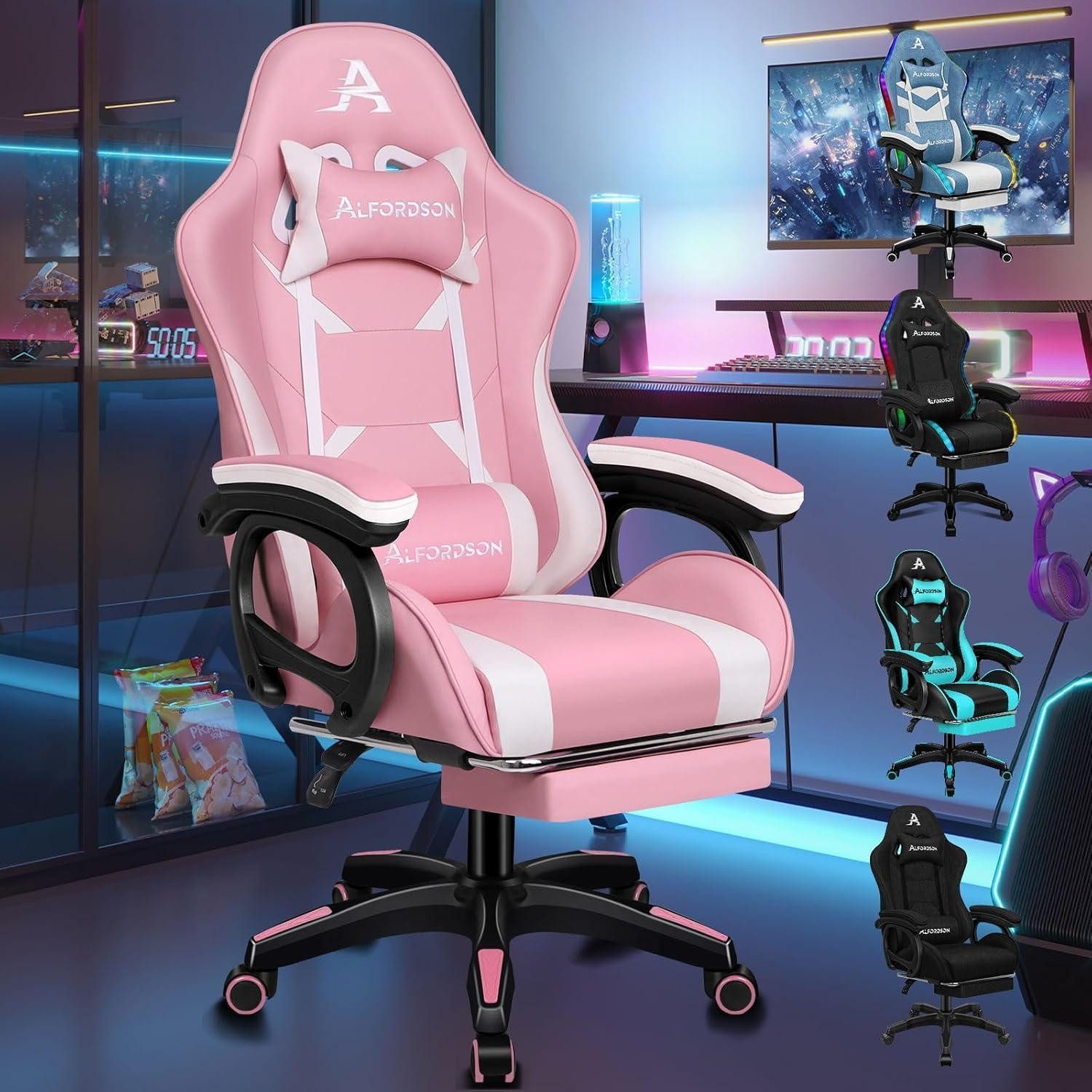 LuxusKollektion Gaming-Stuhl Racing Gaming-Stuhl Massage Gamer-Stuhl Rosa mit Kopfstütze Fußstütze