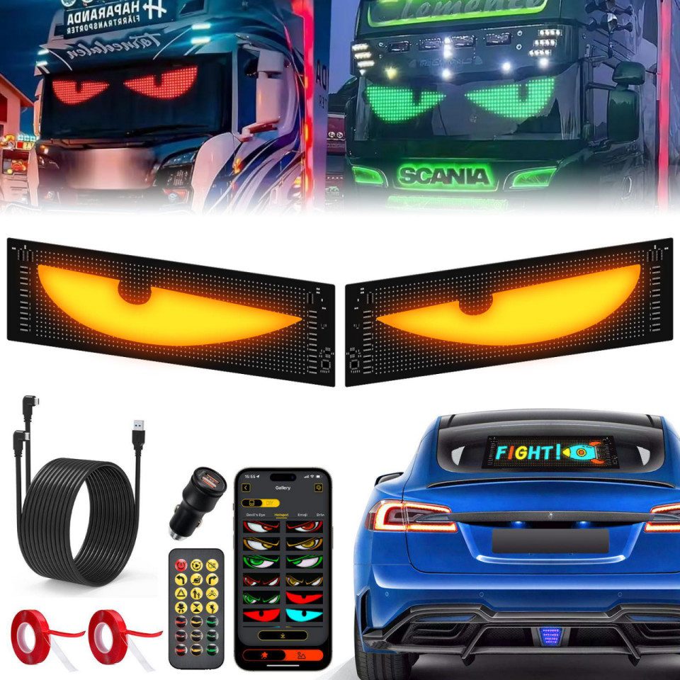 AIBISTAR LED Nachtlicht Devil Eyes Licht LED-Bildschirm Auto-Augenlicht,Set 2 Stk, LED fest integriert, Mehrfarbig (RGB) / Mehrfarbig einstellbar, 92x374mm,Bluetooth App Steuerung (iOS/Android),editierbarer Lauftext