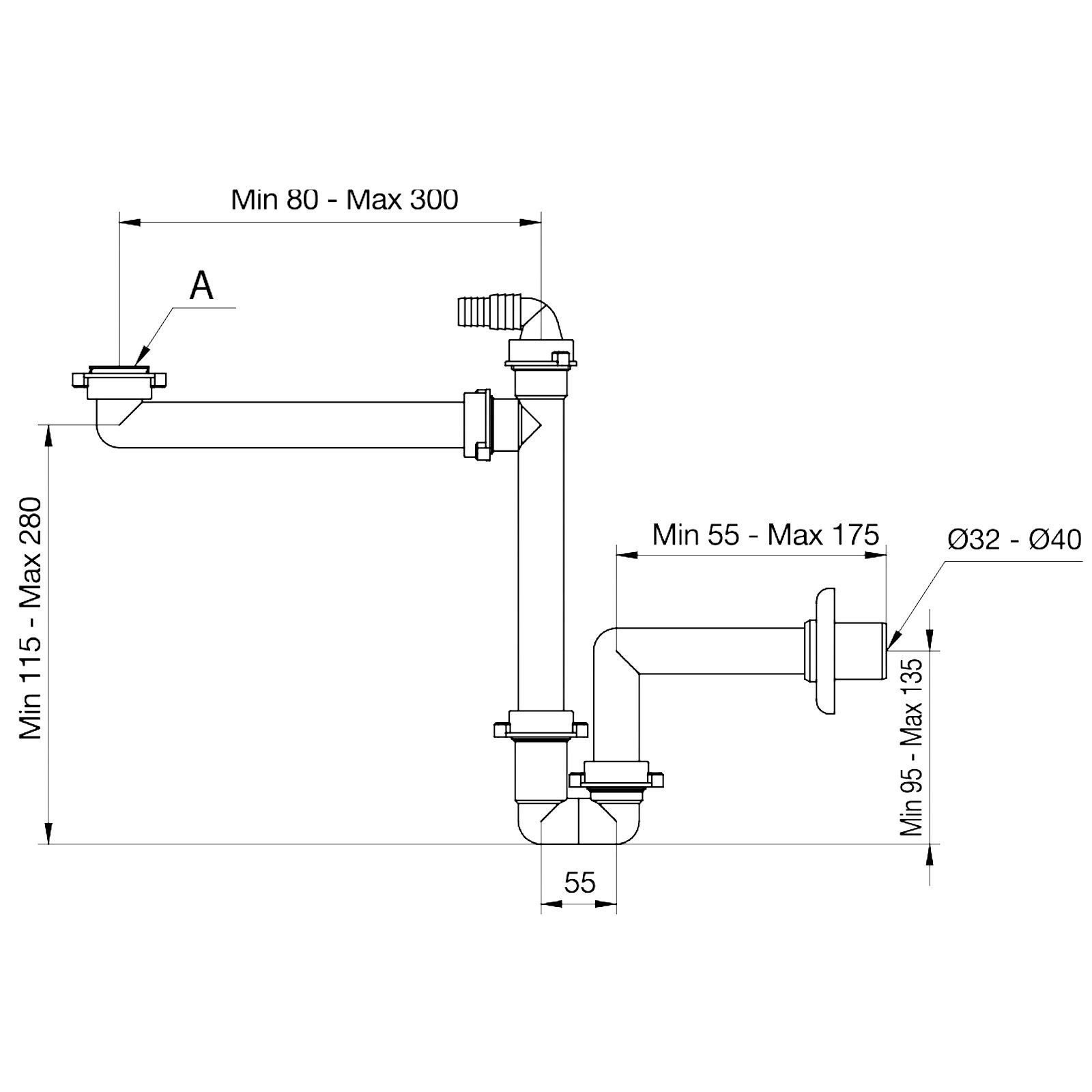 SO-TECH® Siphon Raumsparsiphon 32 - 40 mm Ablaufgarnitur f. Küche und Bad, Raumspar-Siphon weiß mit Geräteanschluss gerade oder 90° – Bild 4 von 5
