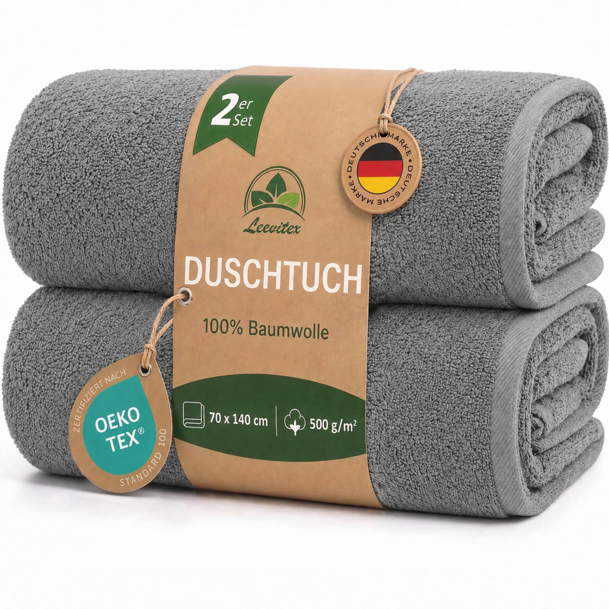 leevitex® Duschtücher 2er-Set, 70x140 cm, 100% Baumwolle, saugstark und fusselfrei, Frottee (Set, 2-St), OEKO-TEX® STANDARD 100 zertifiziert, gestreifte Bordüre