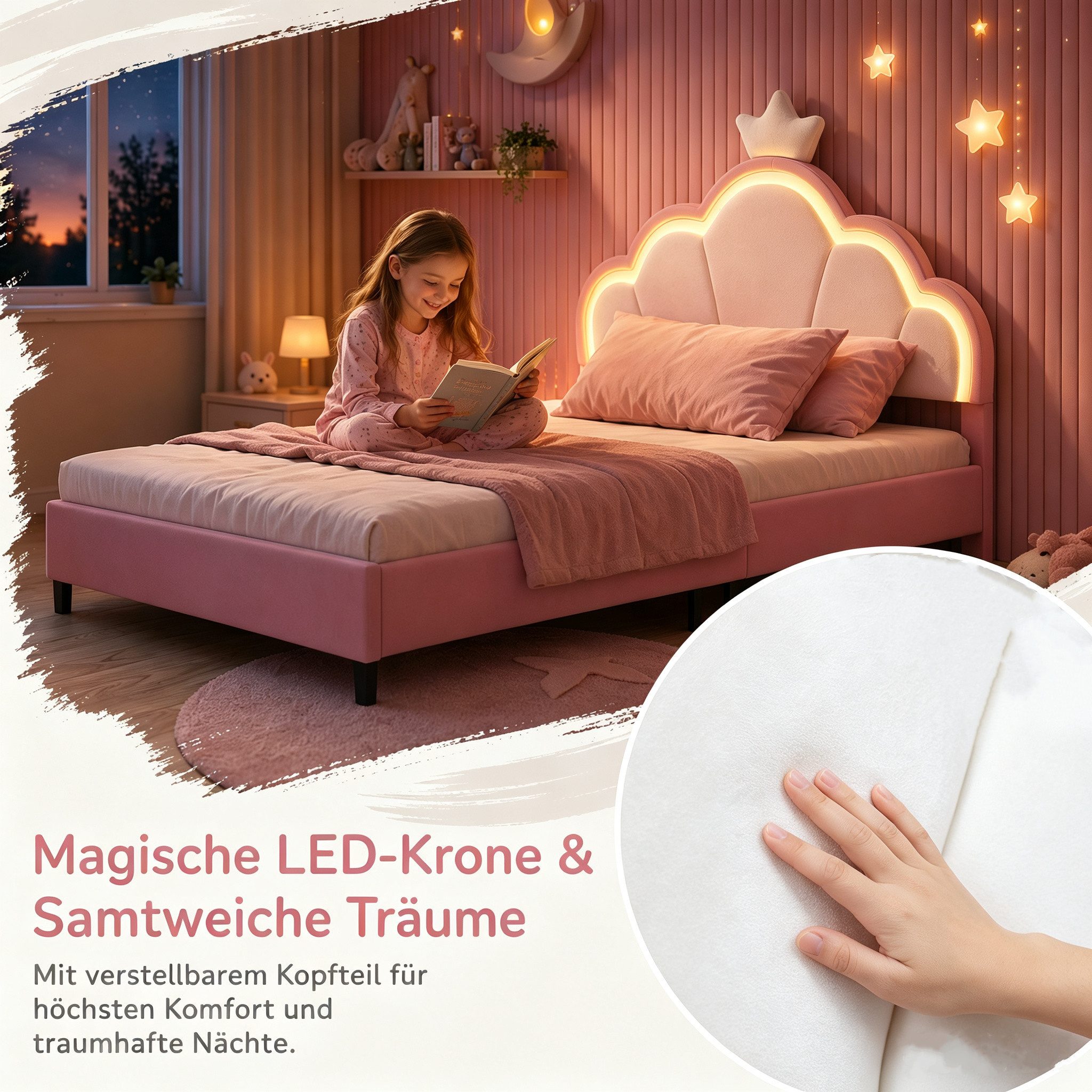 Simurq Kinderbett 90x200cm Bettgestell, Einzelbett, Polsterbett, Jugendbett, Mit LED, Mit Lattenrost, Prinzessin Bett
