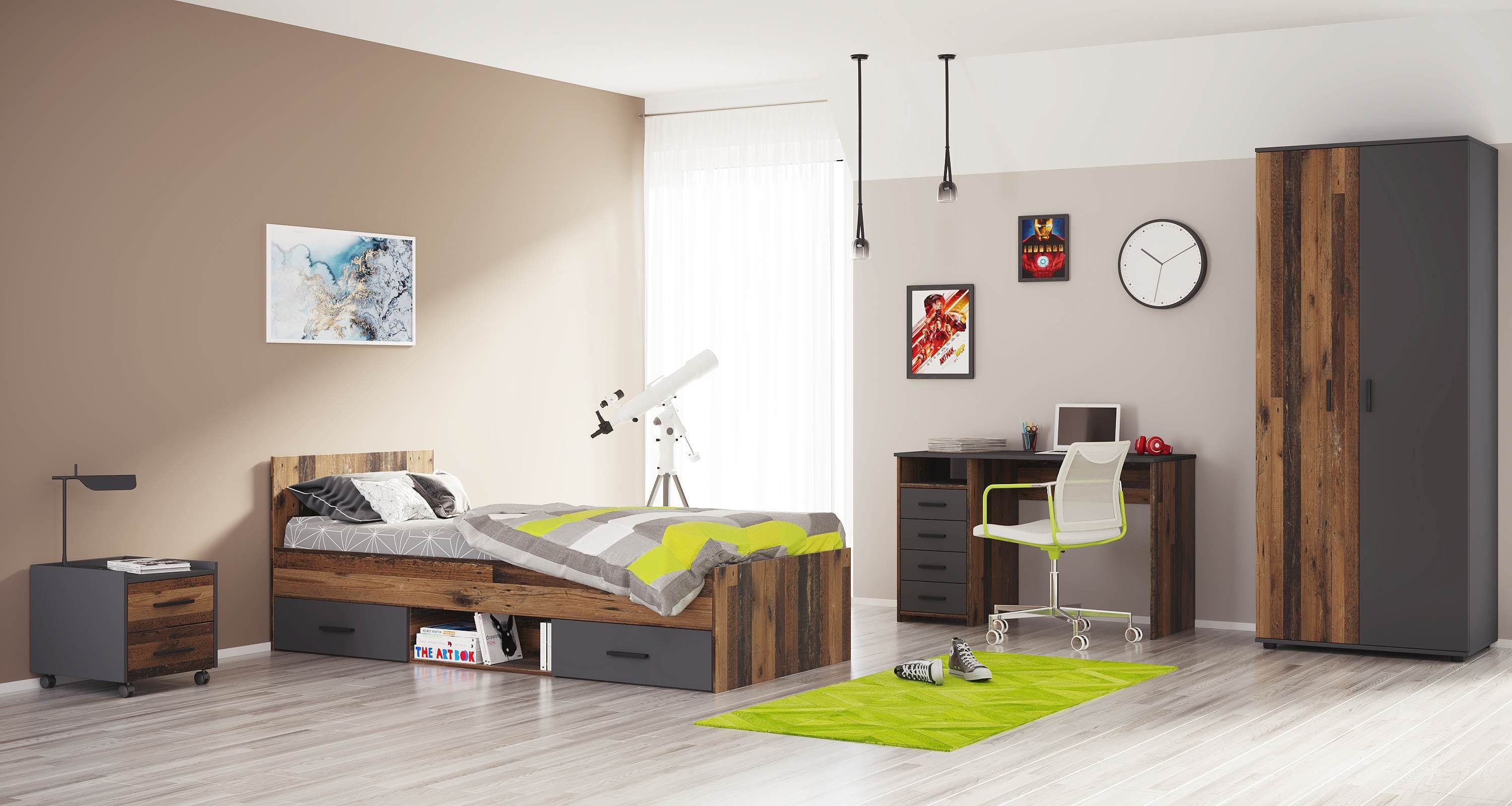 Home affaire Jugendzimmer-Set Nonjoo-Teen, (5-St), Industrial Style, Bett + Nachttisch + Kleiderschrank+ Schreibtisch