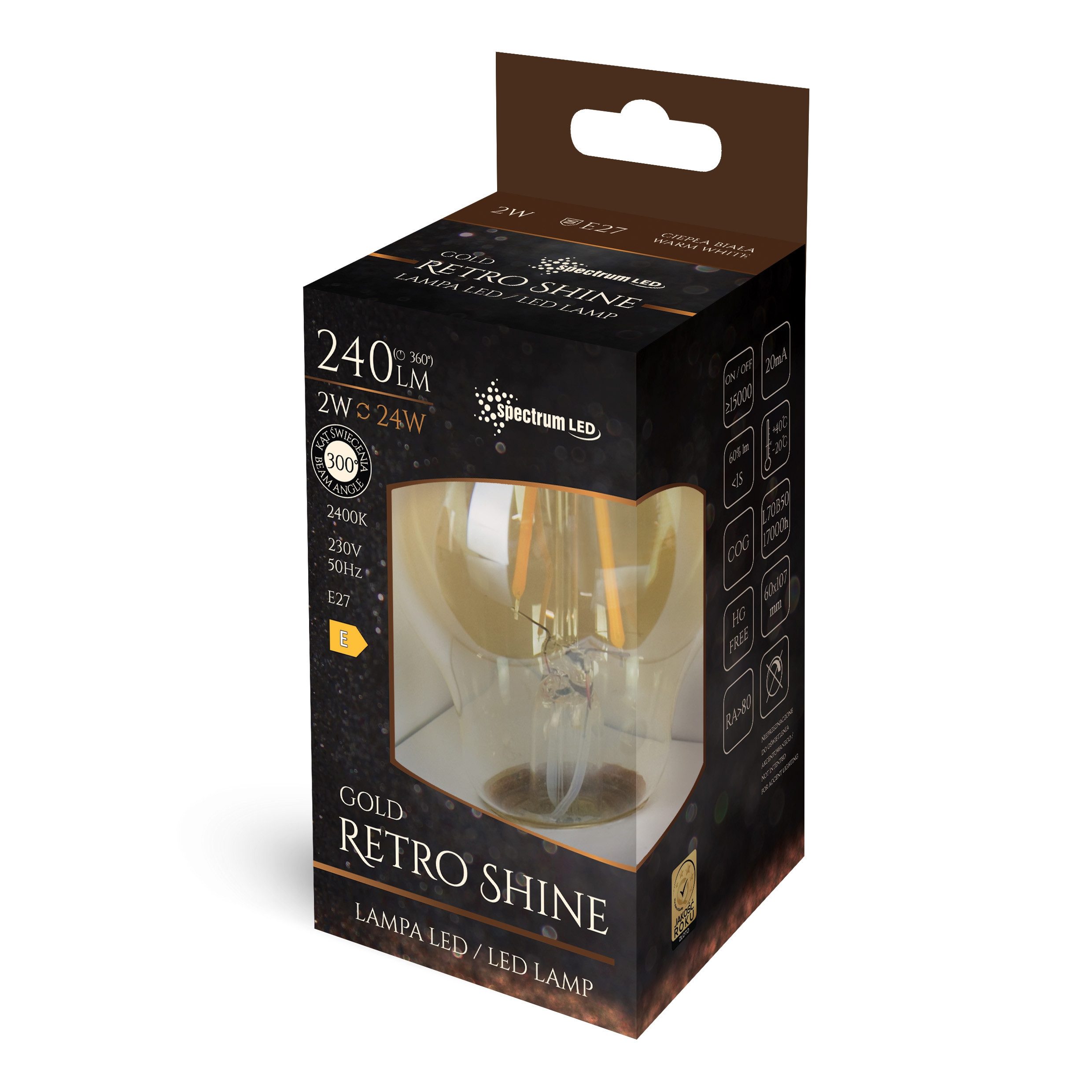 Spectrum LED-Leuchtmittel LED E27 A60 2W = 21W Birne 270° Retro 210lm Gold 230V Warmweiß 2400K, E27, Warmweiß, Filament, Retro Gold, 2400K