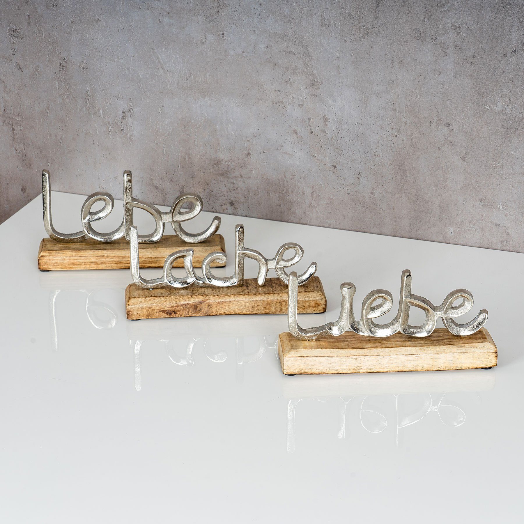 Levandeo® Deko-Schriftzug, 3er Set Schriftzug Lebe Lache Liebe L23cm Metall Silber Mango Holz