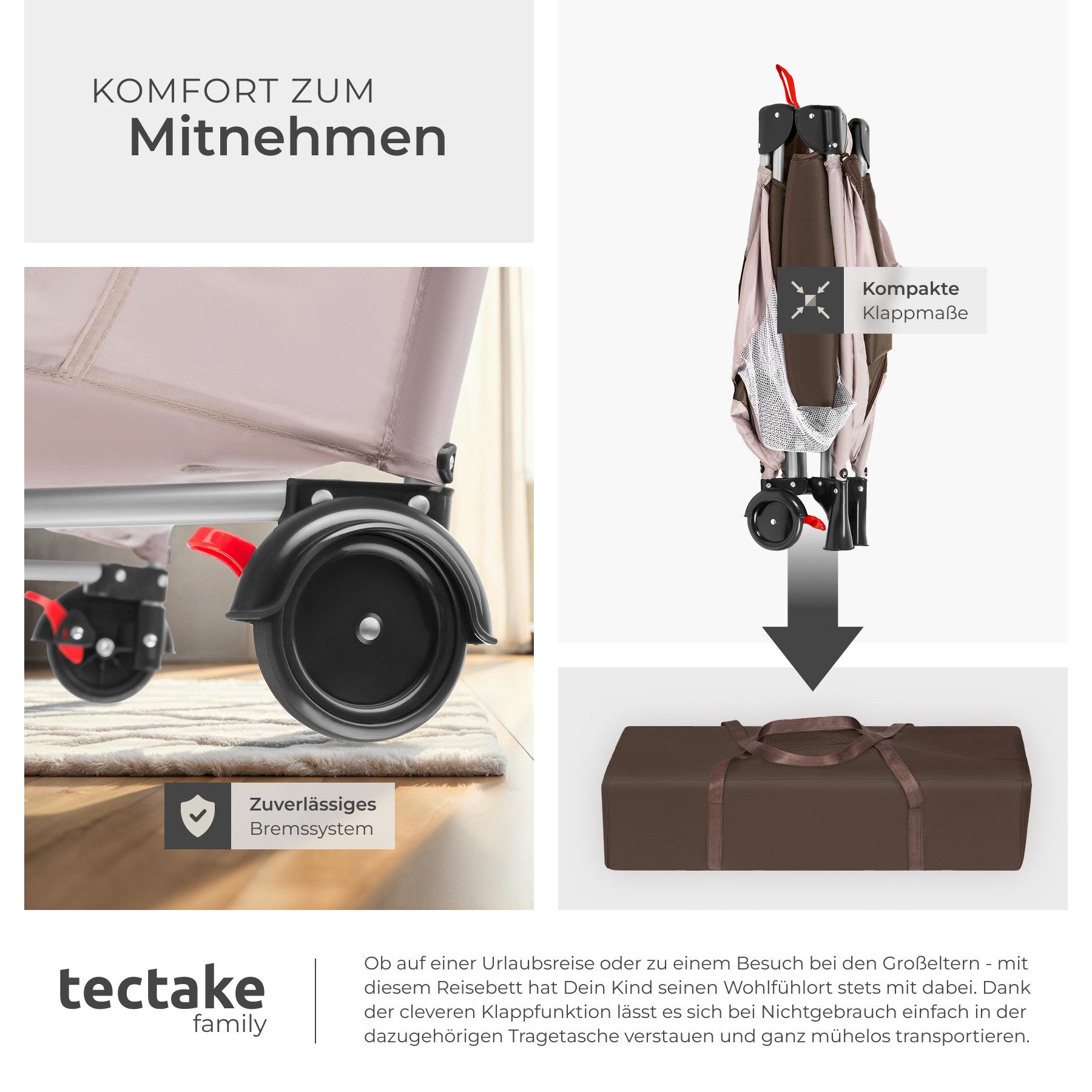 tectake Baby-Reisebett Kinderbett mit Wickelauflage und Transporttasche 132x75x104cm, mit großen Mesh-Einsätzen, Wickelauflage und Seiteneingang in braun – Bild 5 von 5