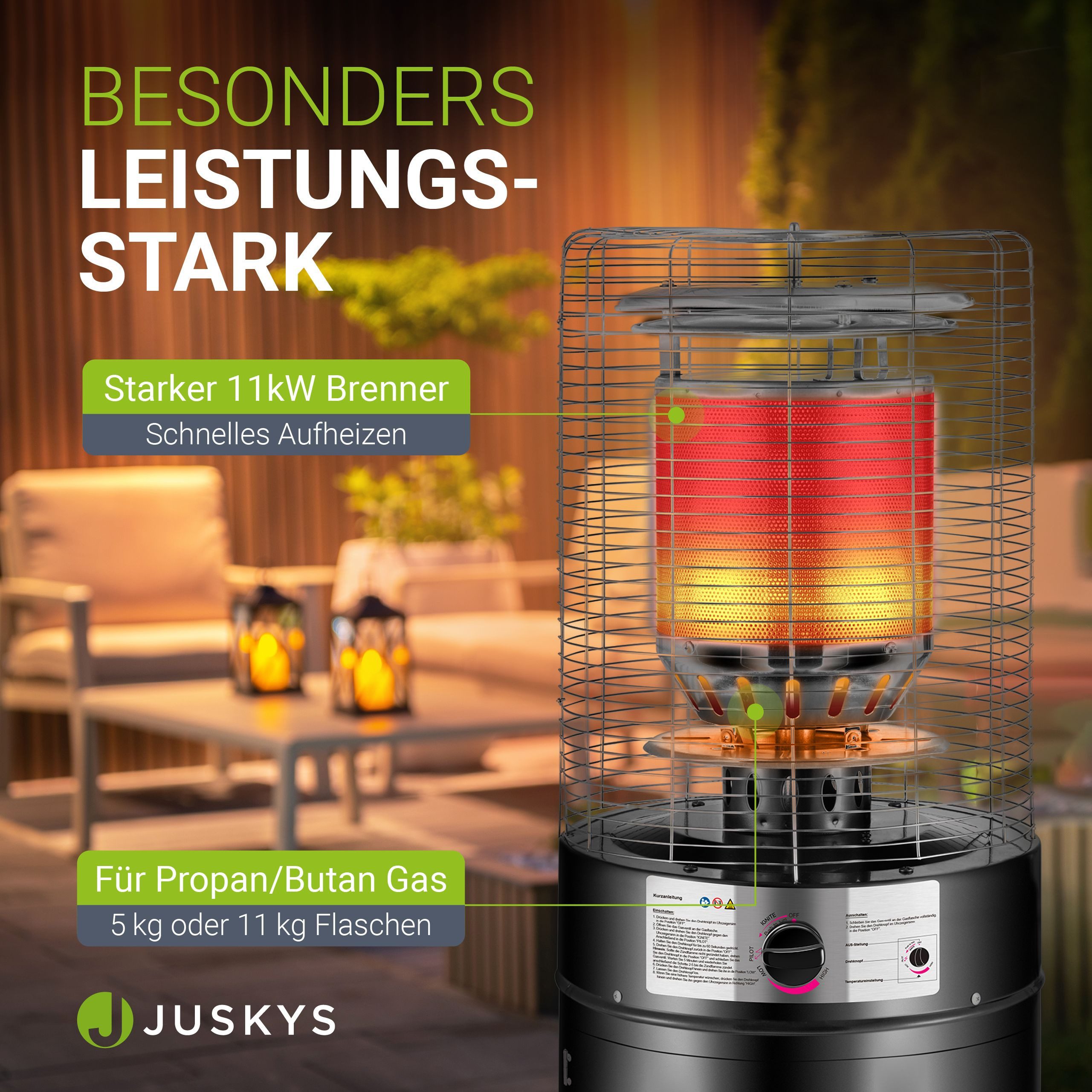 Juskys Heizstrahler Cuna, 11000 W, integrierter Kippschutz, Inkl. Druckminderer, robuste Schutzhülle