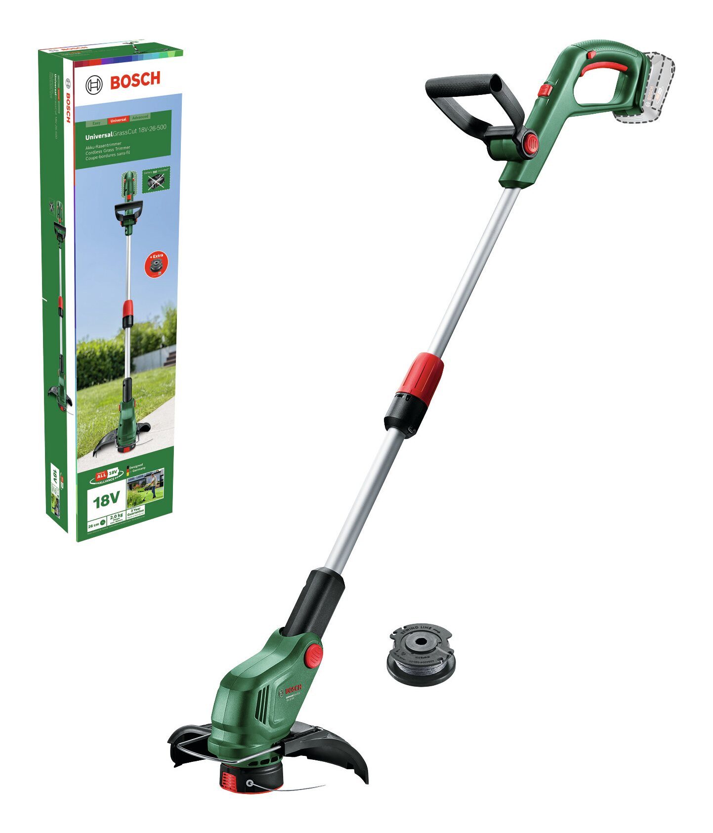 BOSCH Akku-Rasentrimmer UniversalGrassCut 18V-26-500, 26 cm Arbeitsbreite Faden, Ohne Akku mit 2 Spulen - im Karton
