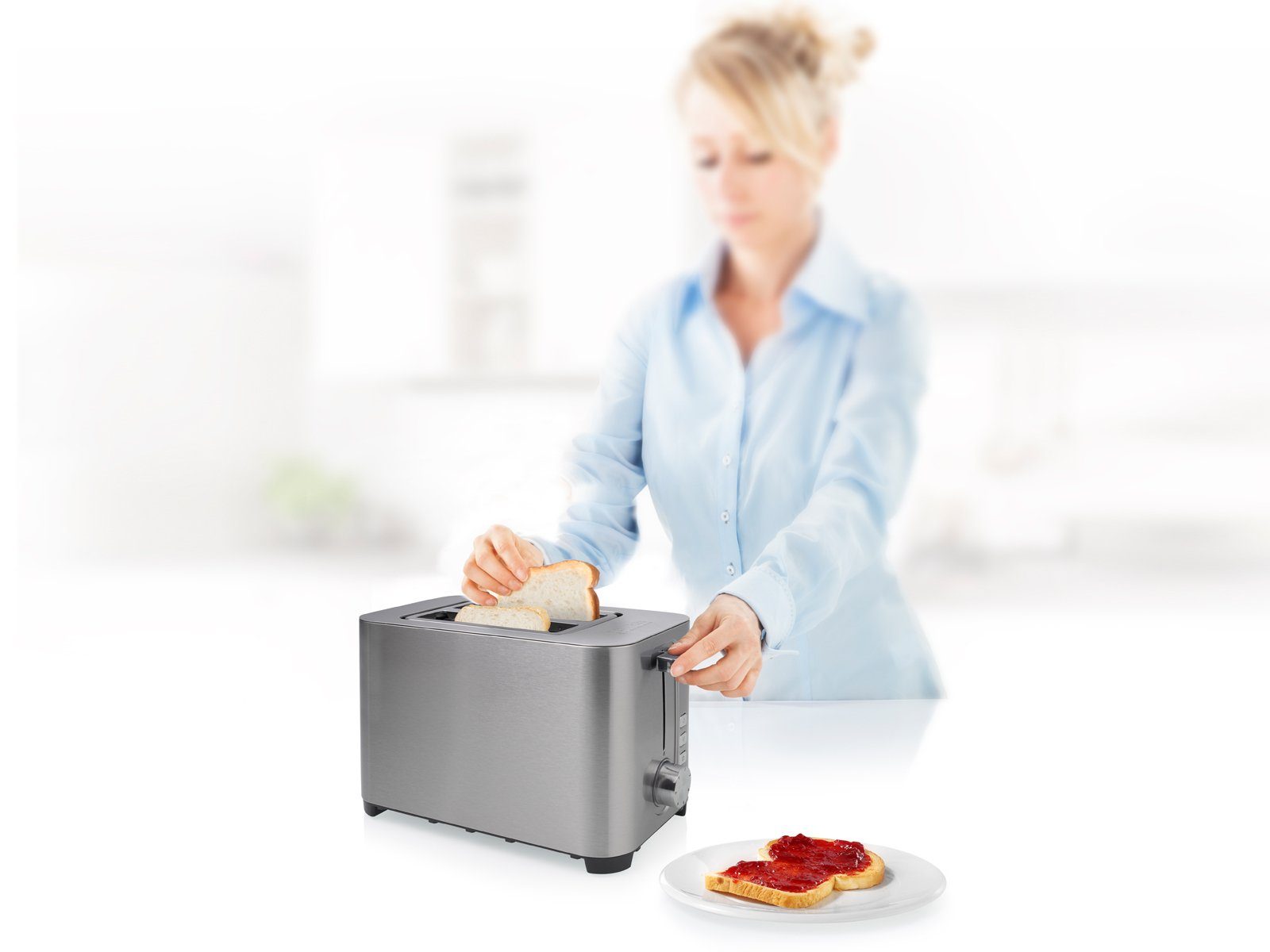 PRINCESS Toaster, Doppelschlitz, 850 W, 2 Scheiben Edelstahl Toastmaschine Mini Toster mit Brötchenaufsatz