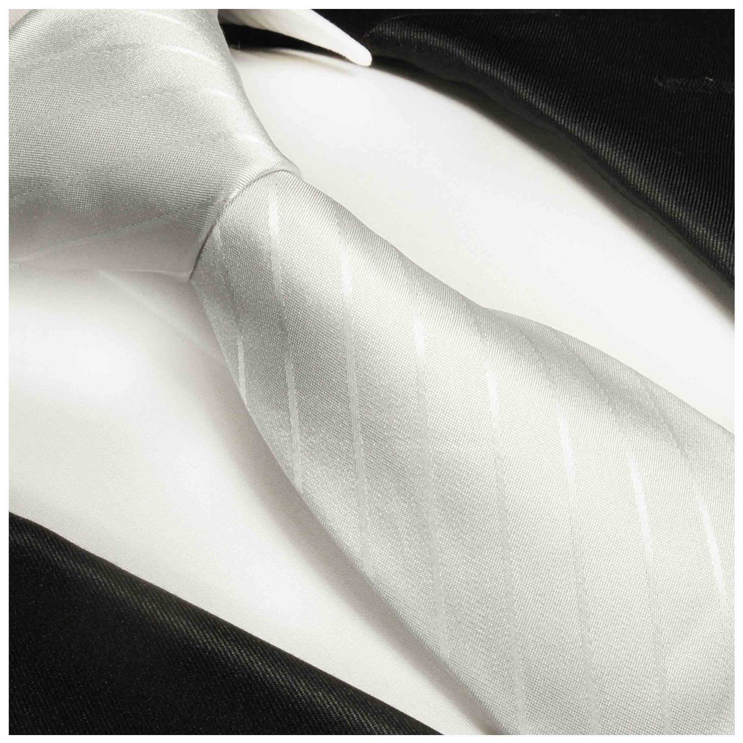 Paul Malone Krawatte Herren Seidenkrawatte Schmal Einstecktuch) gestreift Krawatte ivory 992 2-St., Tuch weiß (Set, Seide (6cm), mit 100% und