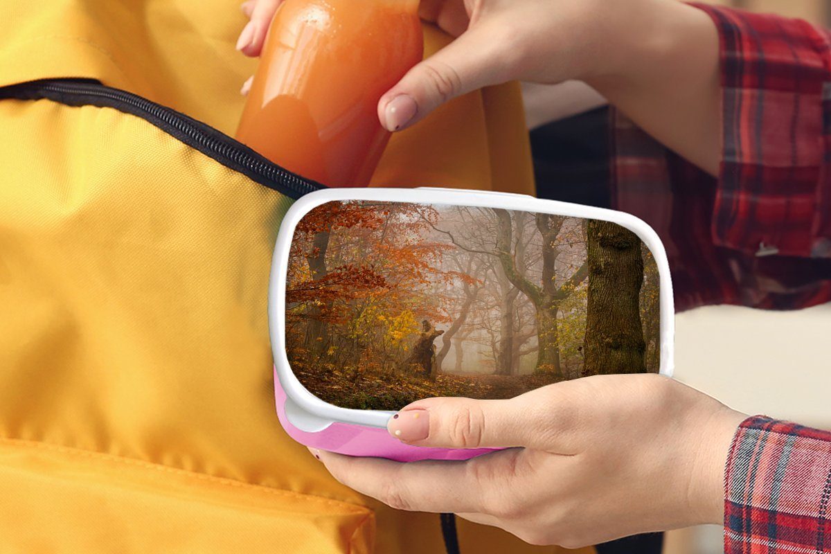 Brotdose rosa Kunststoff - Bäume, Snackbox, Brotbox Erwachsene, MuchoWow - Laub Waldweg Wald (2-tlg), Kunststoff, für Lunchbox - - Kinder, Mädchen, Herbst