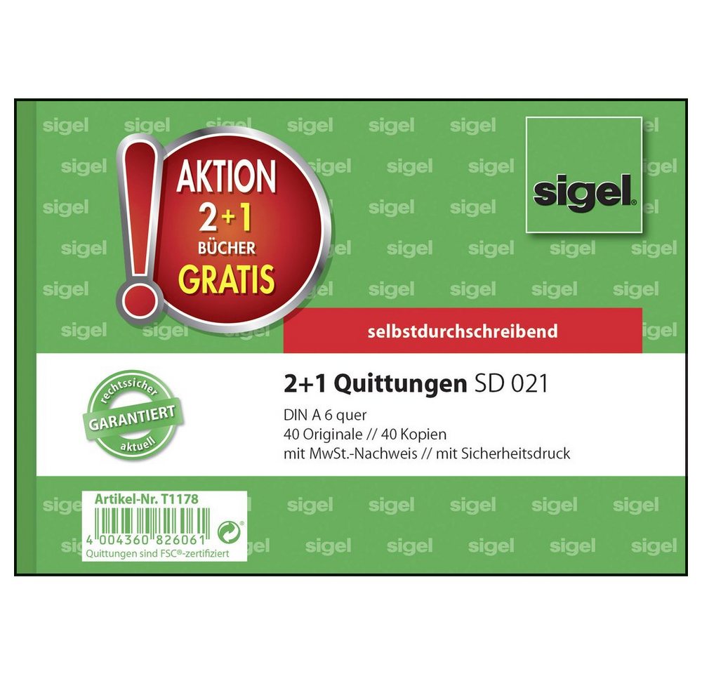 Thumbnail - Sigel Formularblock Sigel T1178 Quittungen DIN A6 quer Anzahl der Blätter: 40 3 St.