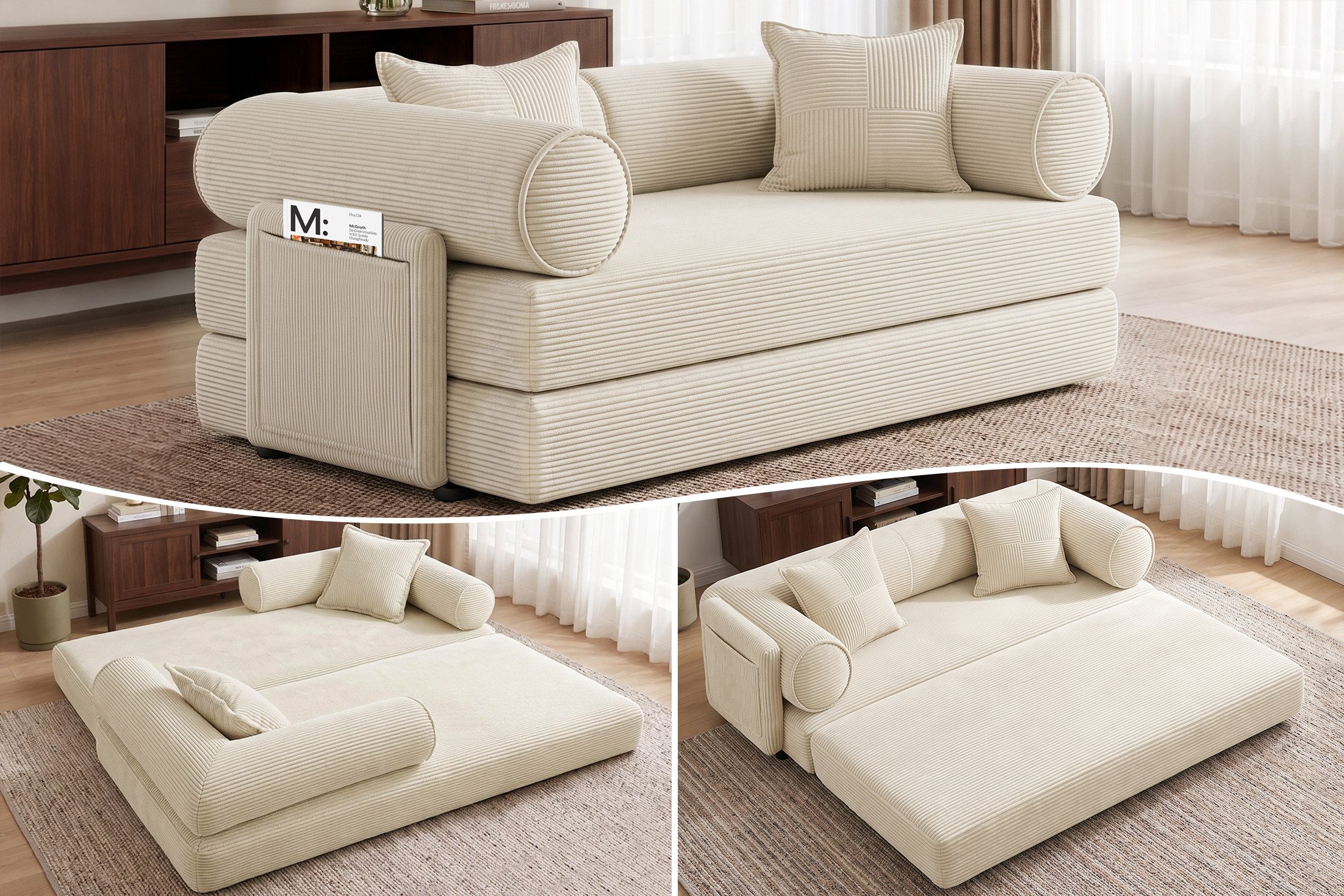 Hoolamyie Sofa 6-in-1 Cord Schlafsofa mit Schlaffunktion, 200 cm breit, 2-Sitzer, komprimiert verpackt, ohne Montage, Bezug abnehmbar & waschbar, Couch