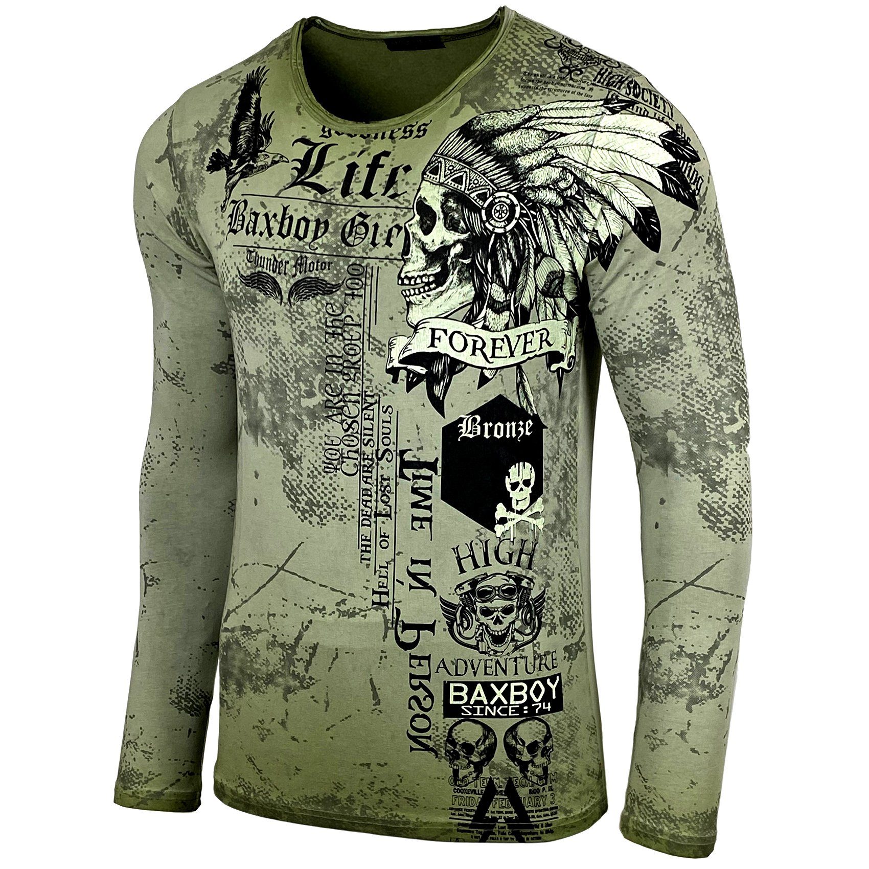 Baxboy Longshirt Baxboy Herren Longsleeve All Over Plakativer Front & Back Print 708 Khaki